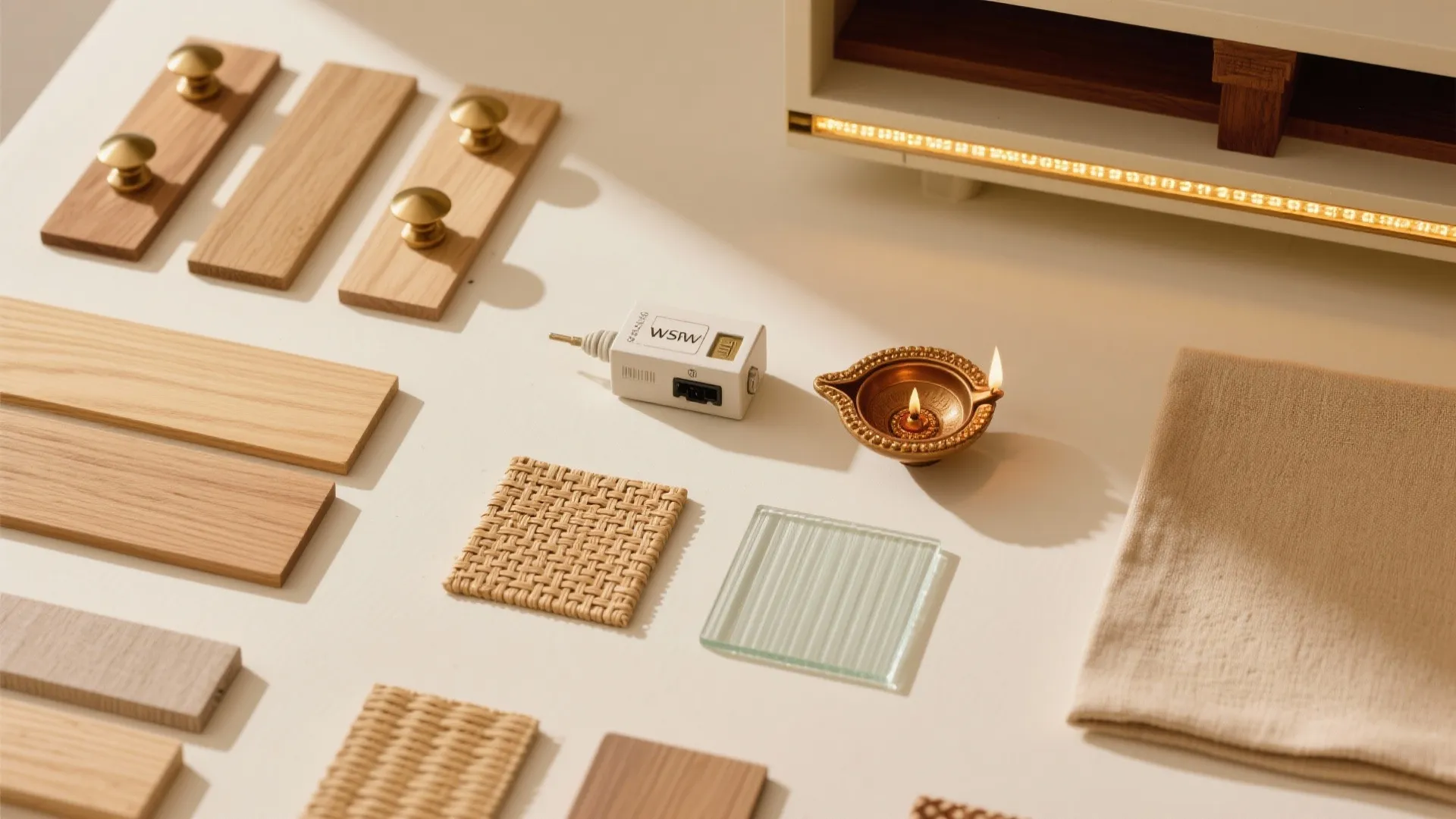 Warm wood, brass, and soft lighting palette