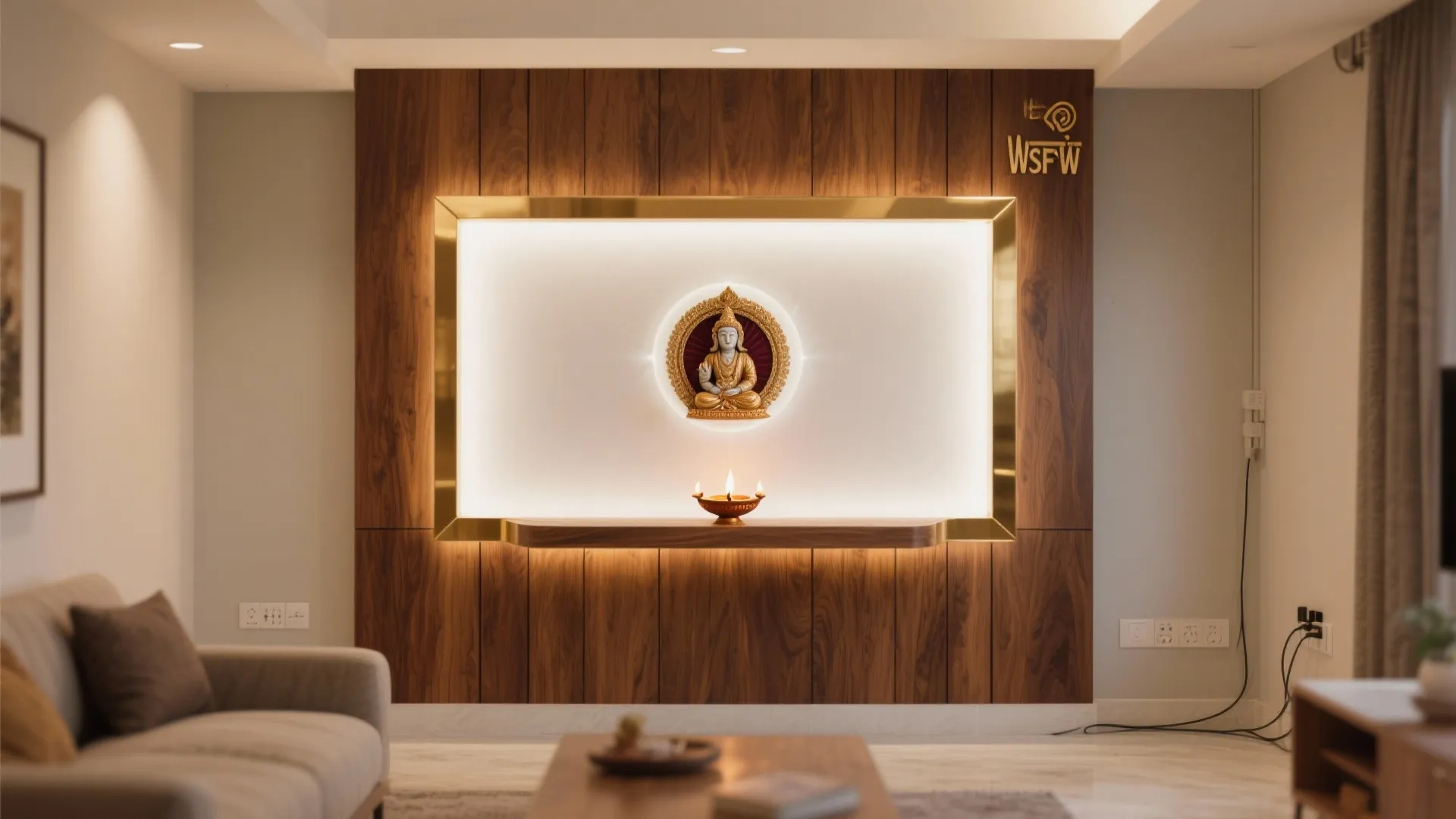 Living room with wooden wall panel featuring a backlit frame and small gold statue display