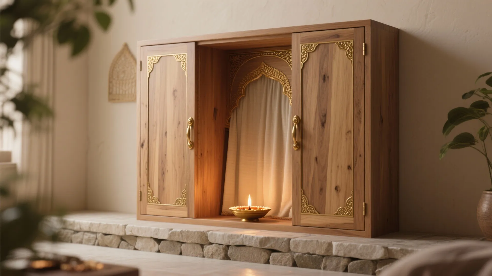 Small wooden wall cabinet with gold patterns holding one burning light on a stone base
