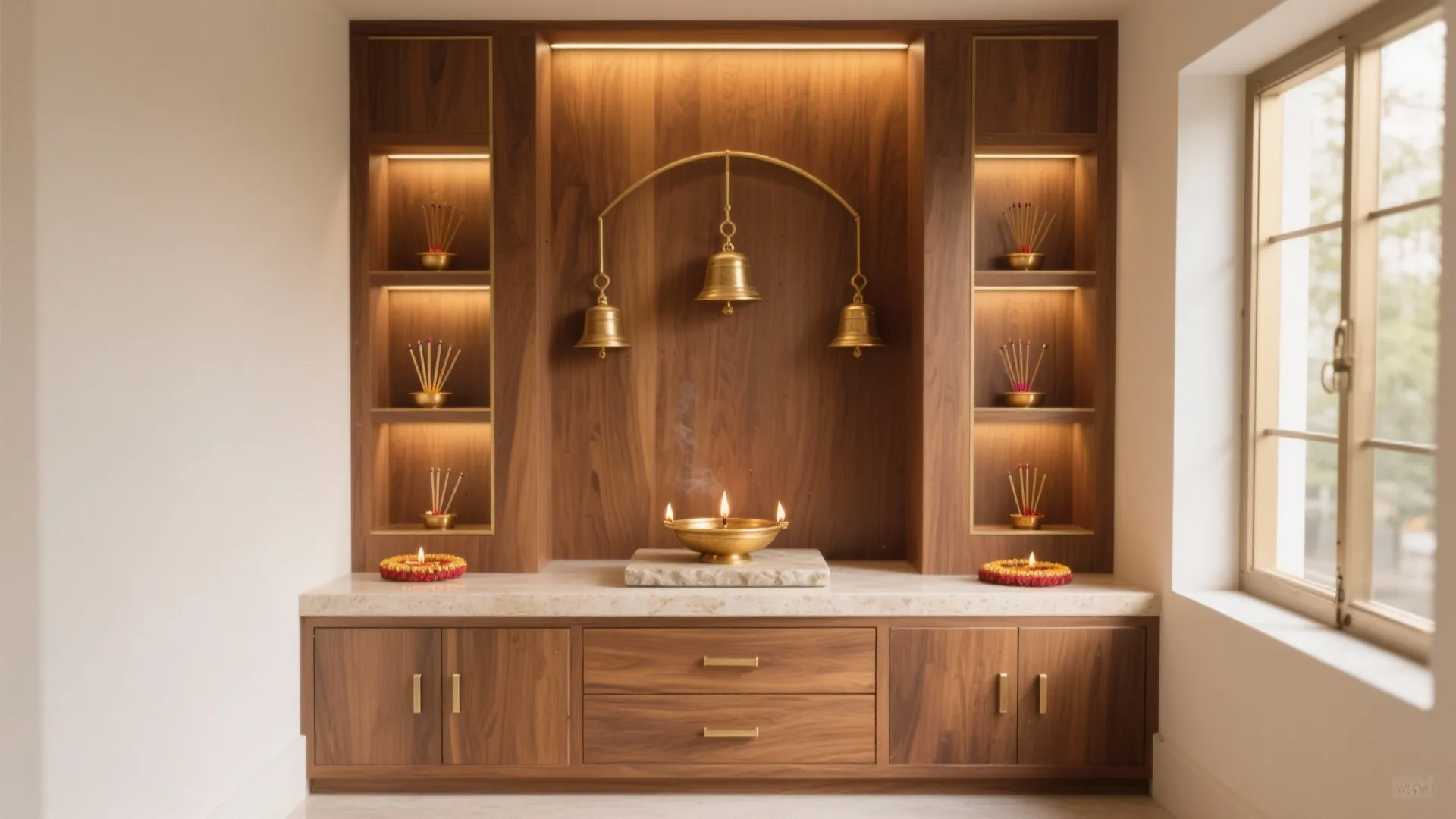 Wooden prayer room cabinet with hanging brass bells small oil lamps and built in shelf lighting