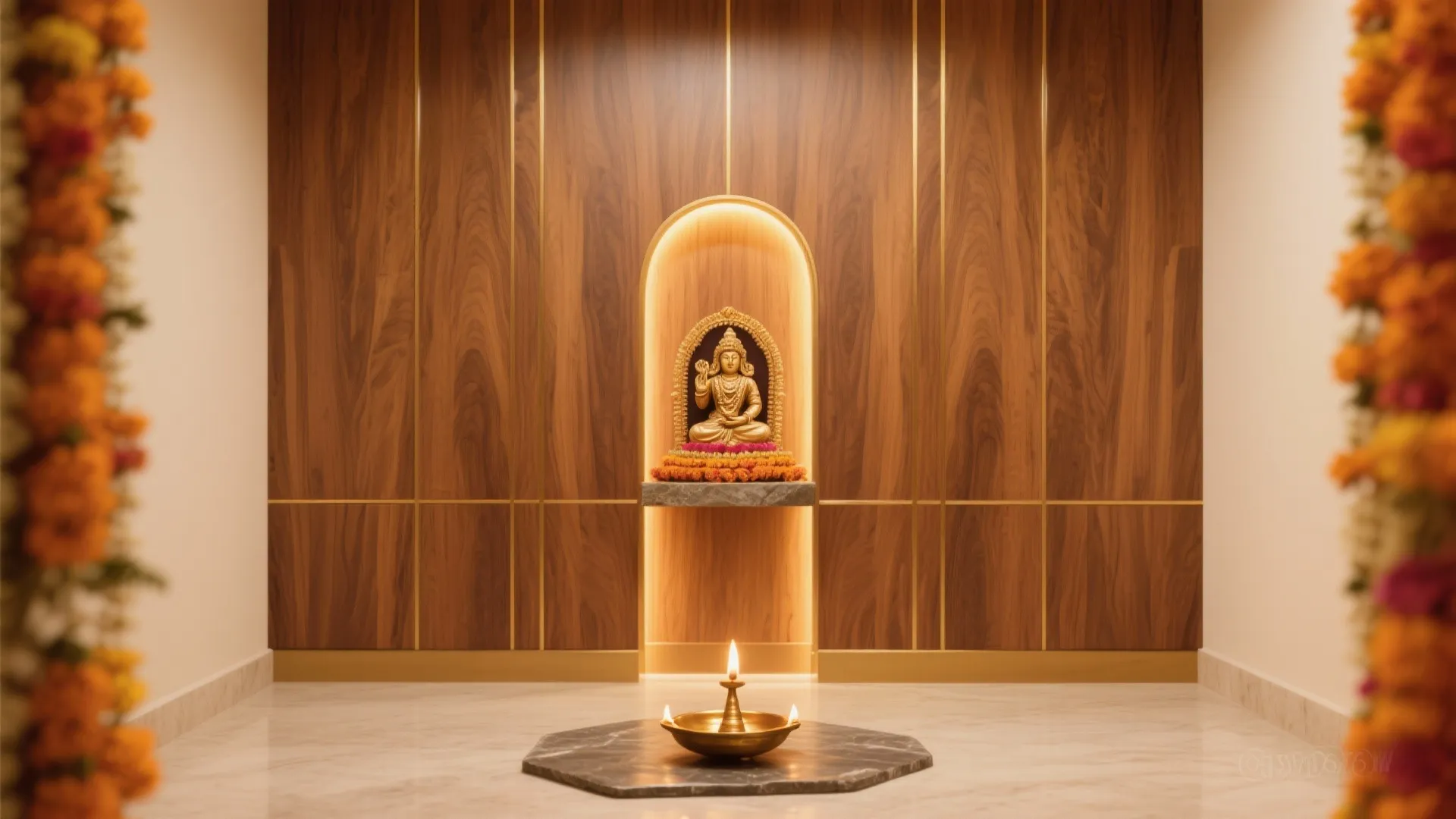 Warm Wood Panels with Brass Detailing