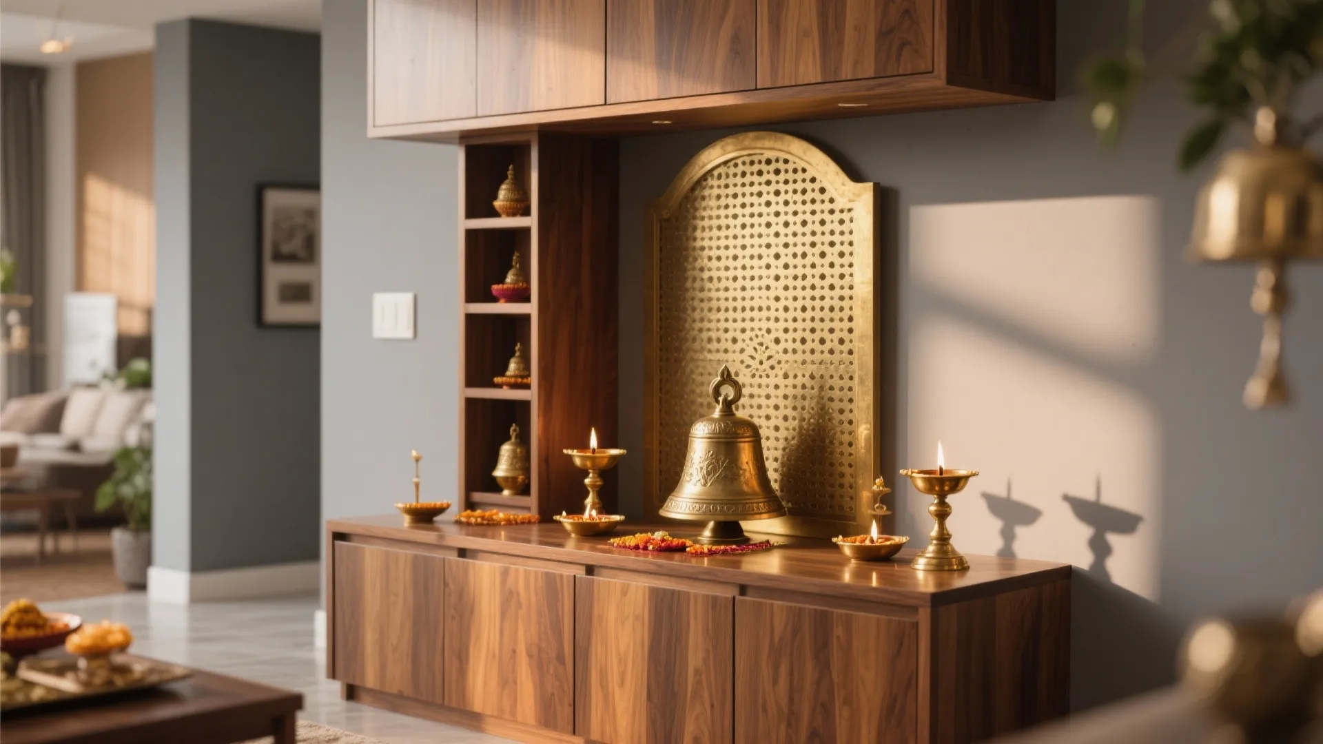Wooden cabinet with brass bell and lit oil lamps in a modern interior design setting