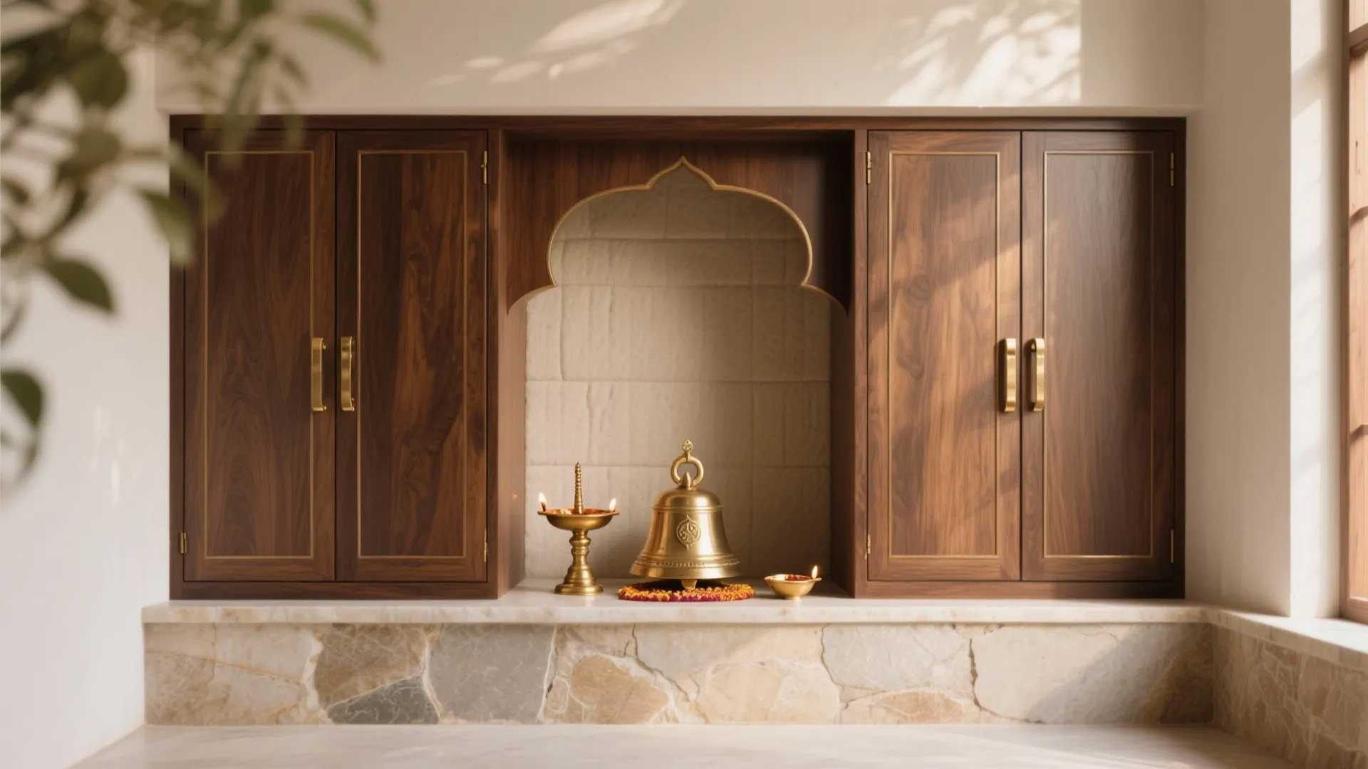 Pooja niche in matte walnut veneer with brushed brass diya and bells.