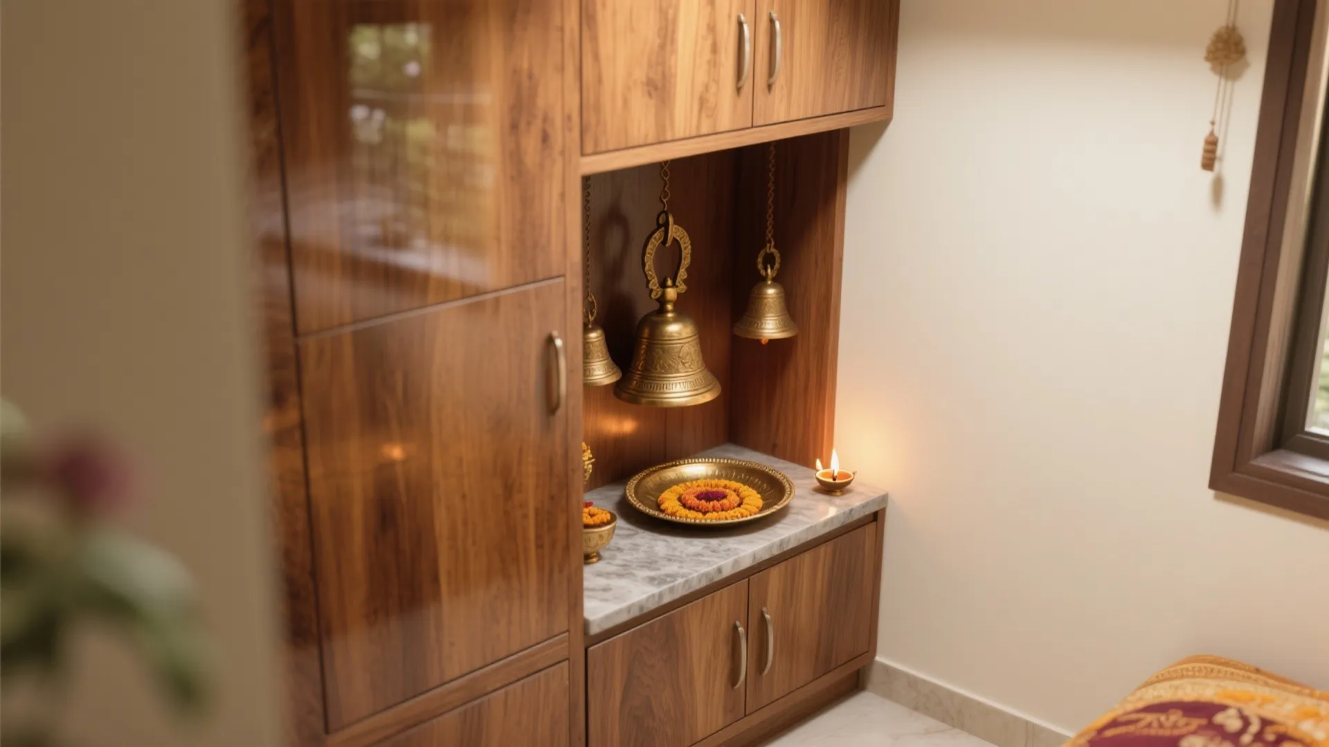 Small brass bells hanging inside wood cabinet with marble counter and small warm floor light