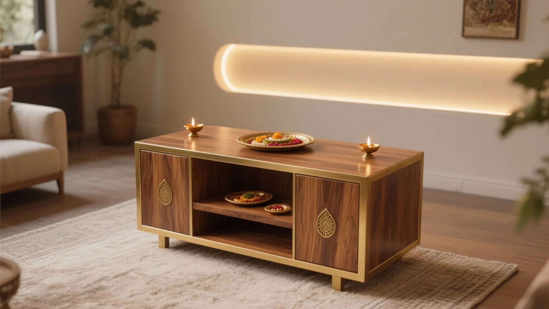 Warm wood pooja table with matte brass trims and a removable prasad shelf.