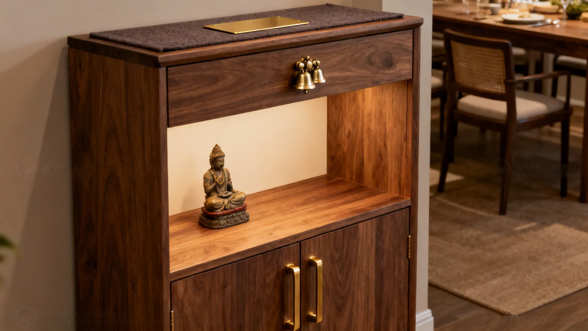 Brass accents and warm wood cabinetry