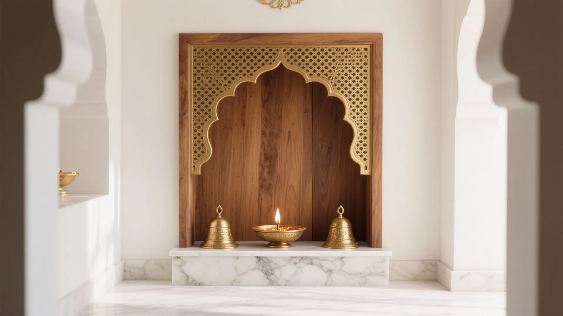 A small wooden wall niche with brass bells and an oil lamp on marble base