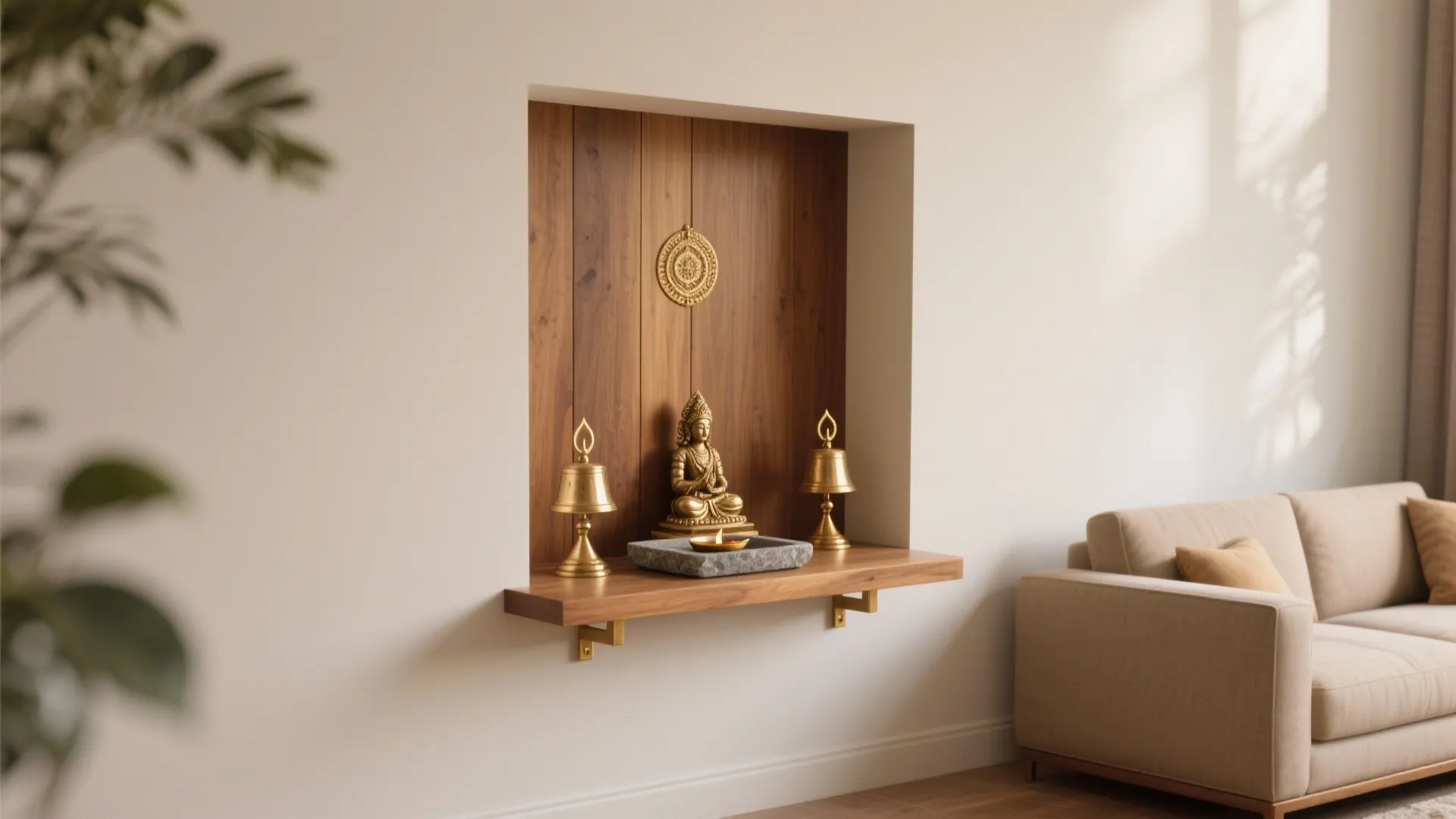 Minimal wood-and-brass pooja niche