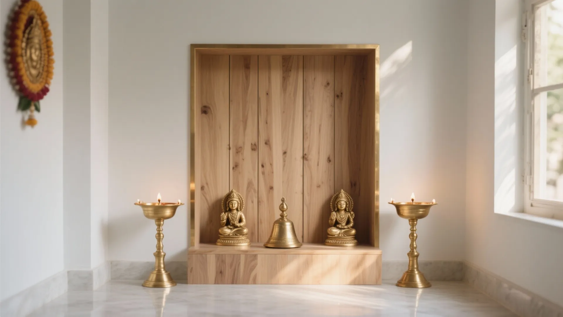 1) Natural wood + brass palette for serene warmth