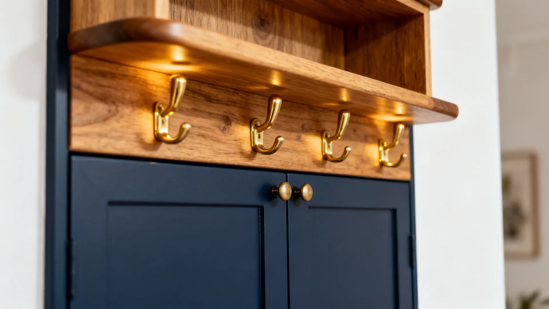 Close-up of oak shelf and unlacquered brass detail above matte navy cabinetry.