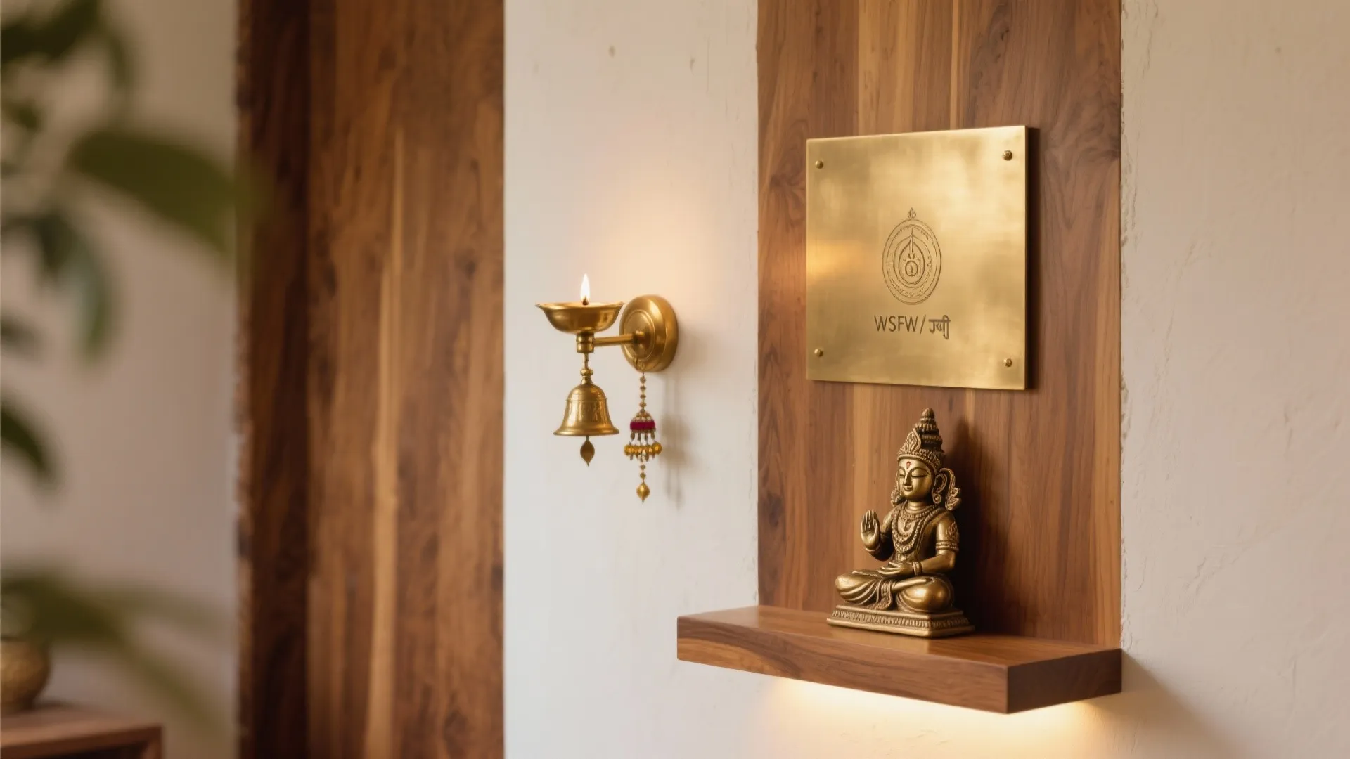 Warm Wood + Brass Details on a Shrine Wall