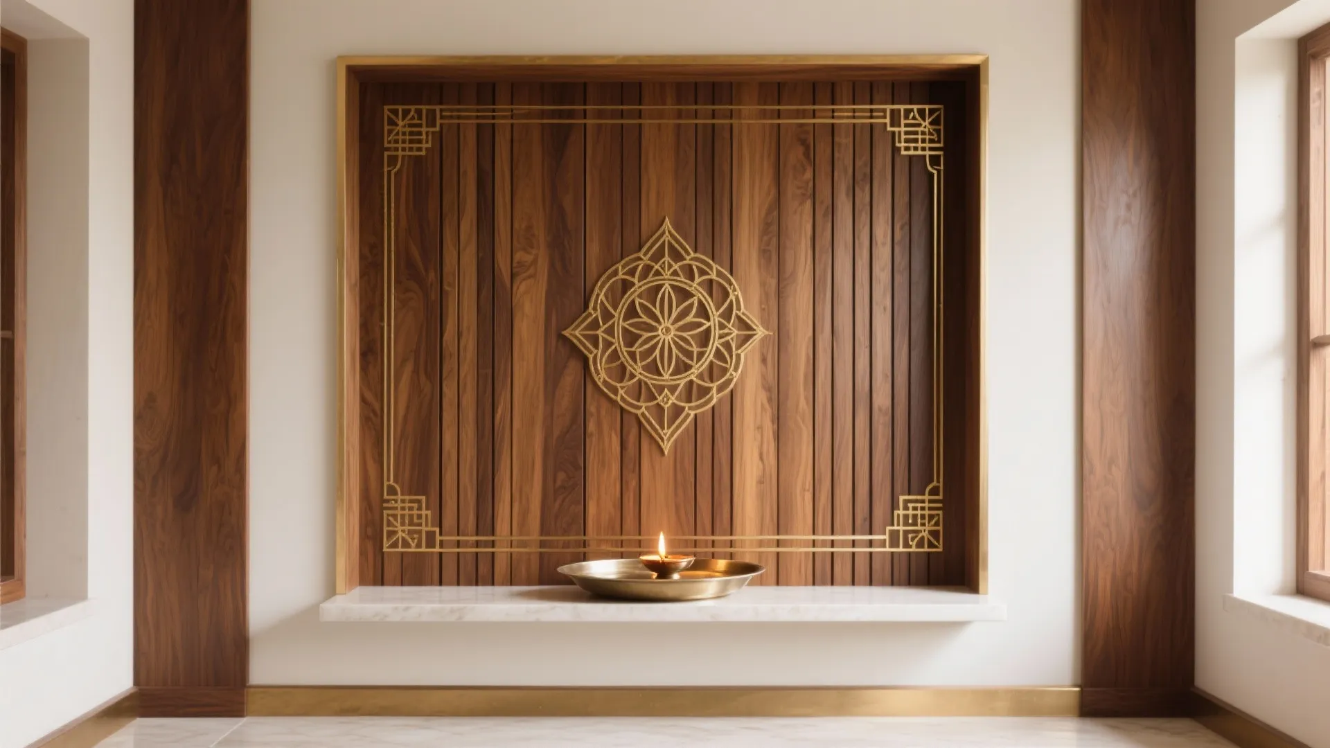 Warm Wood Paneling with Brass Inlay (Acoustic Calm)