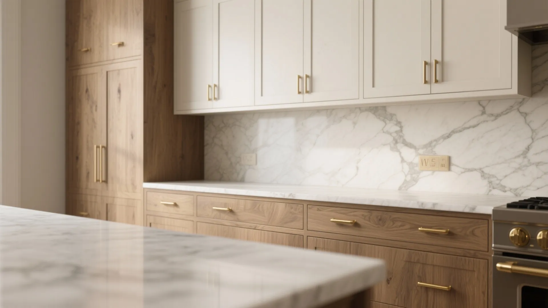 Quarter sawn oak cabinets paired with satin brass pulls and honed Calacatta-style quartz counter.
