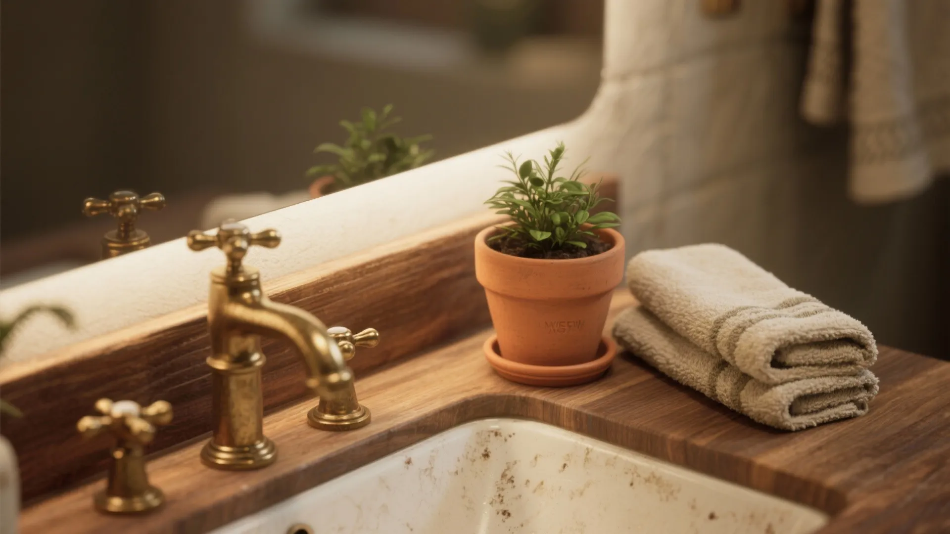 Close up of gold water tap small green plant in clay pot and grey hand towels