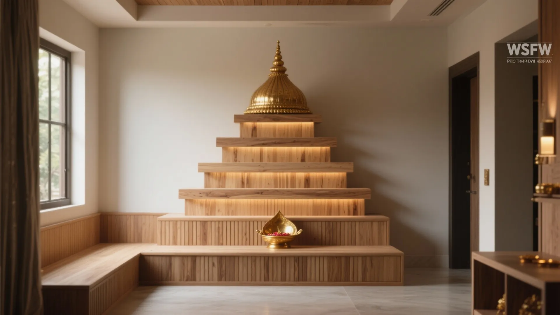 Wooden step wall panel with golden dome decoration and warm lights in a modern room