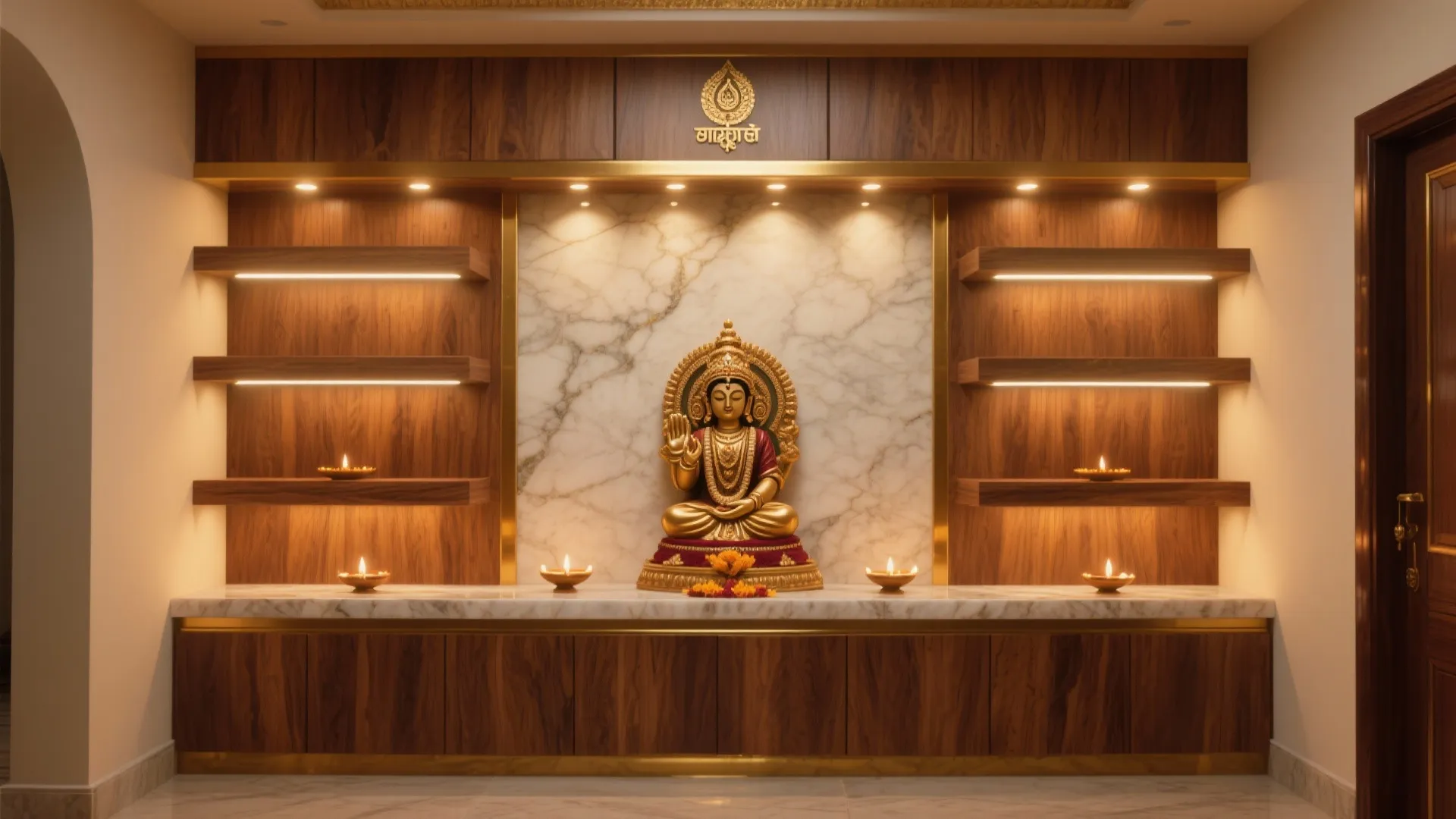 Warm Wood-and-Brass Wall With Layered, Dimmable Lighting