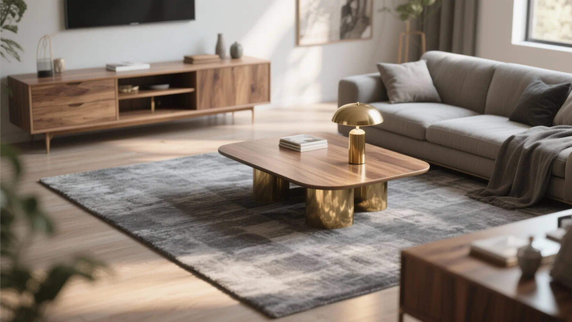 3. Warm Up Cool Grays with Wood and Brass