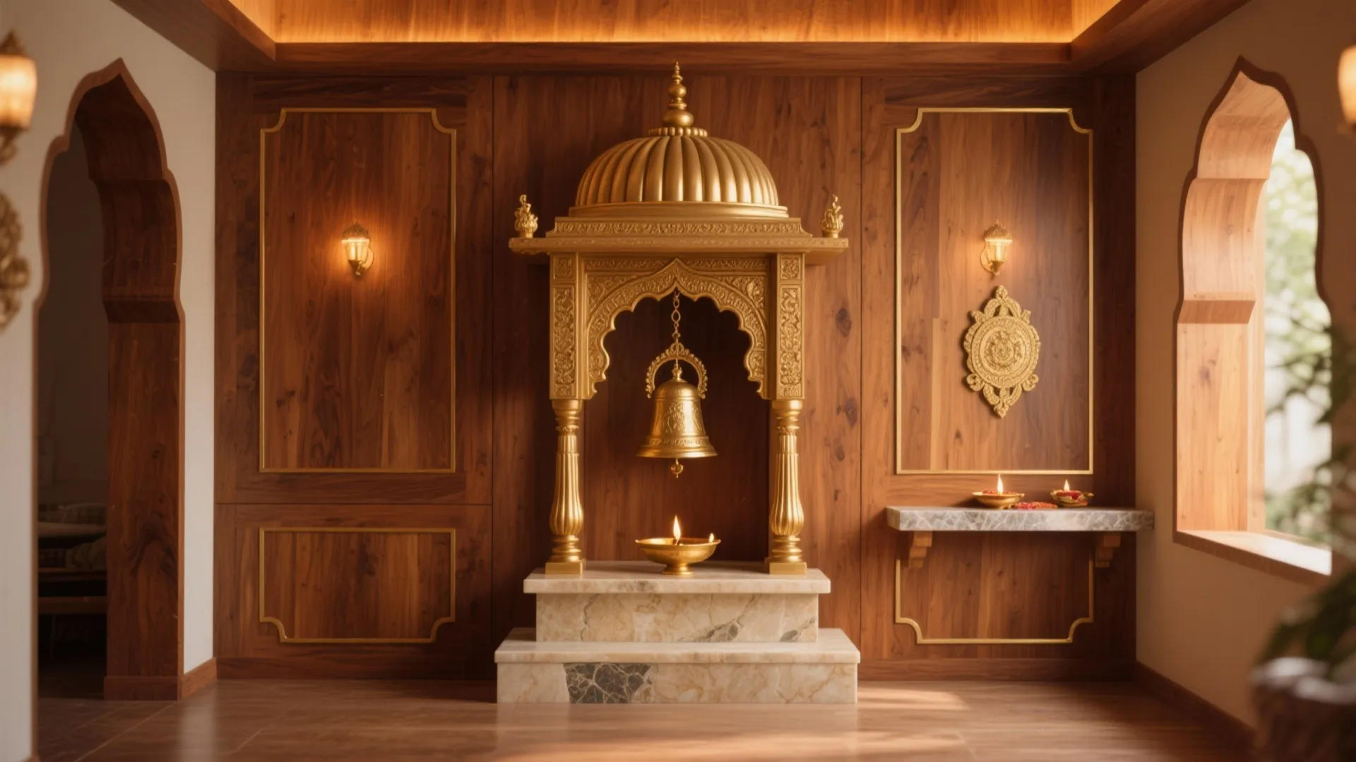 Traditional room with wood wall panel gold metal bell light fixture and arched window frame design