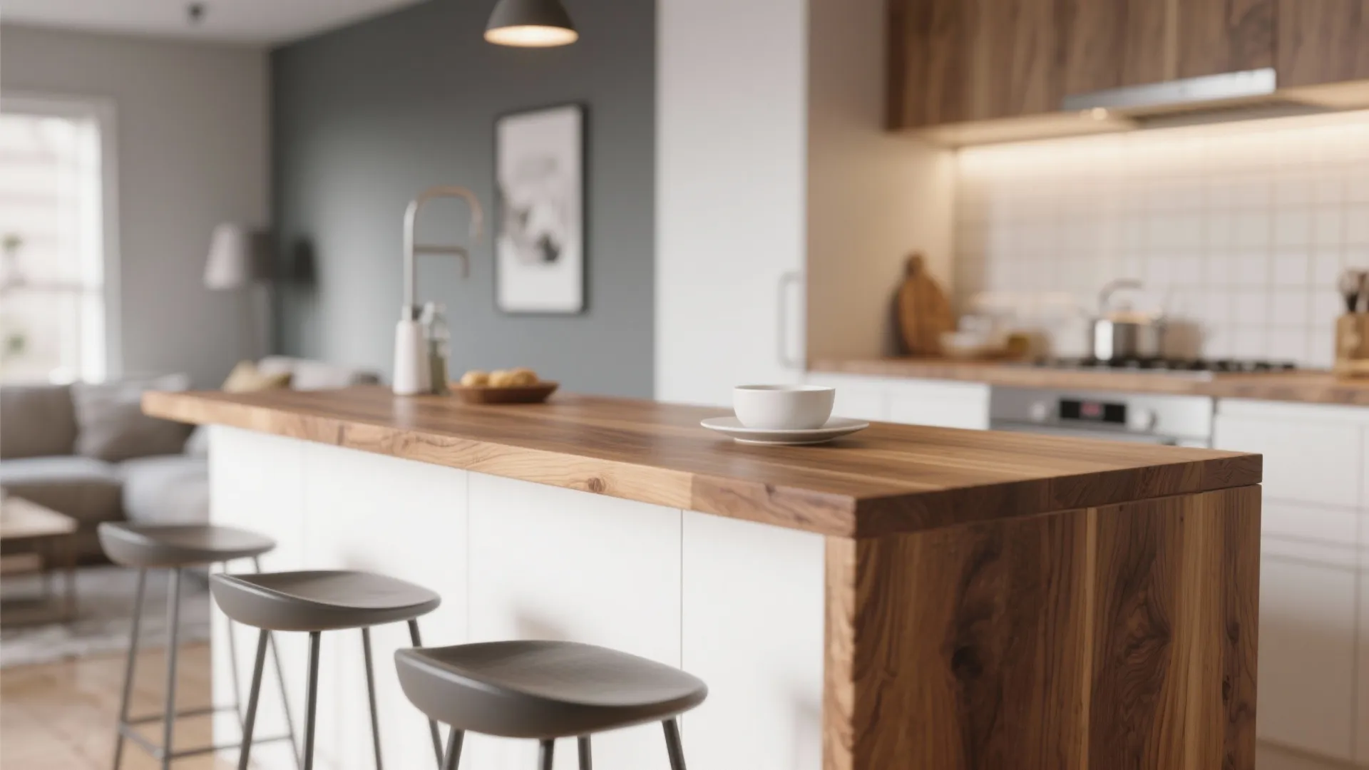 Wooden breakfast bar featuring three grey stools, white coffee cup, and a modern kitchen background