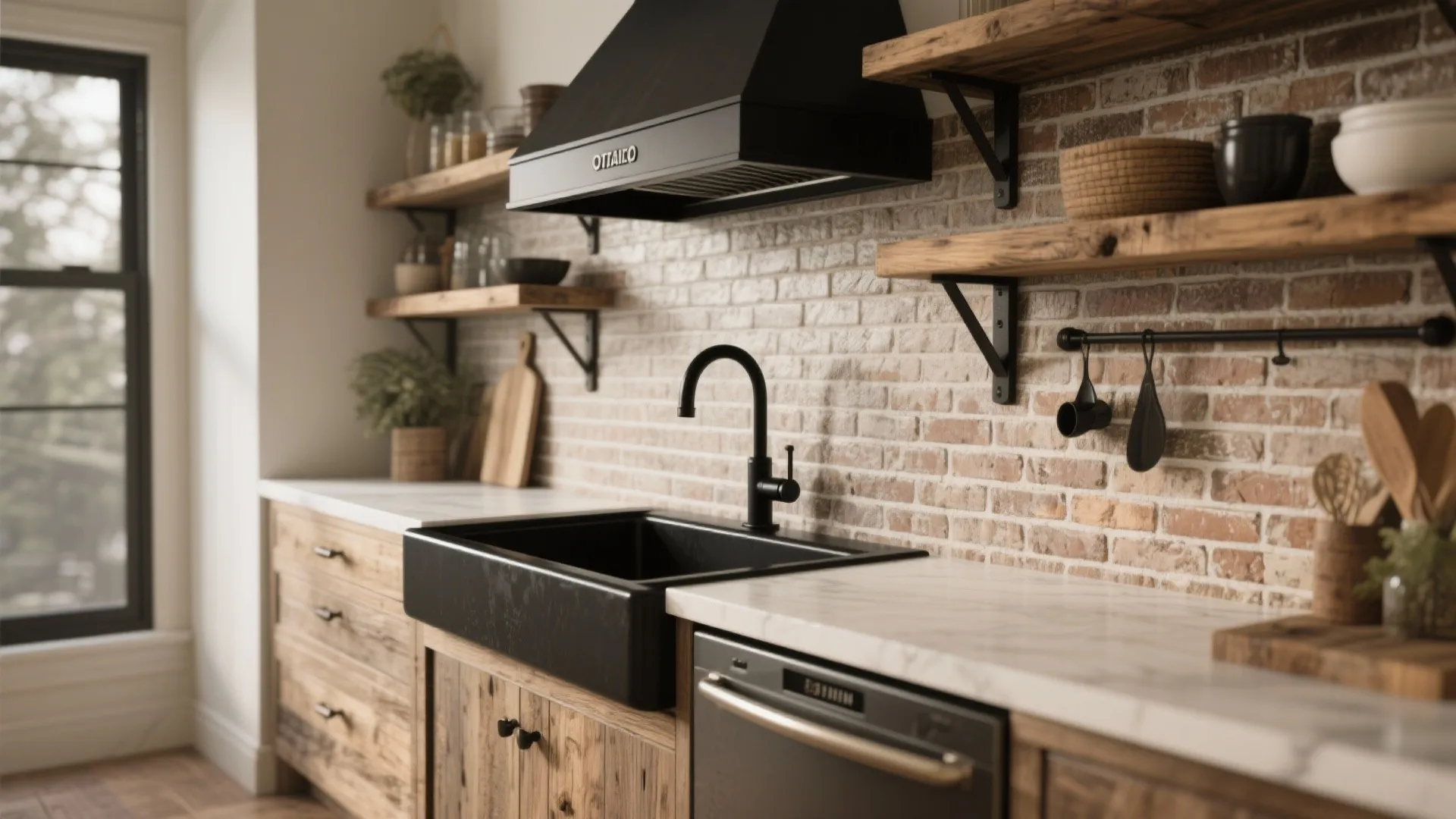 2. Layered Texture: Wood, Brick, and Black