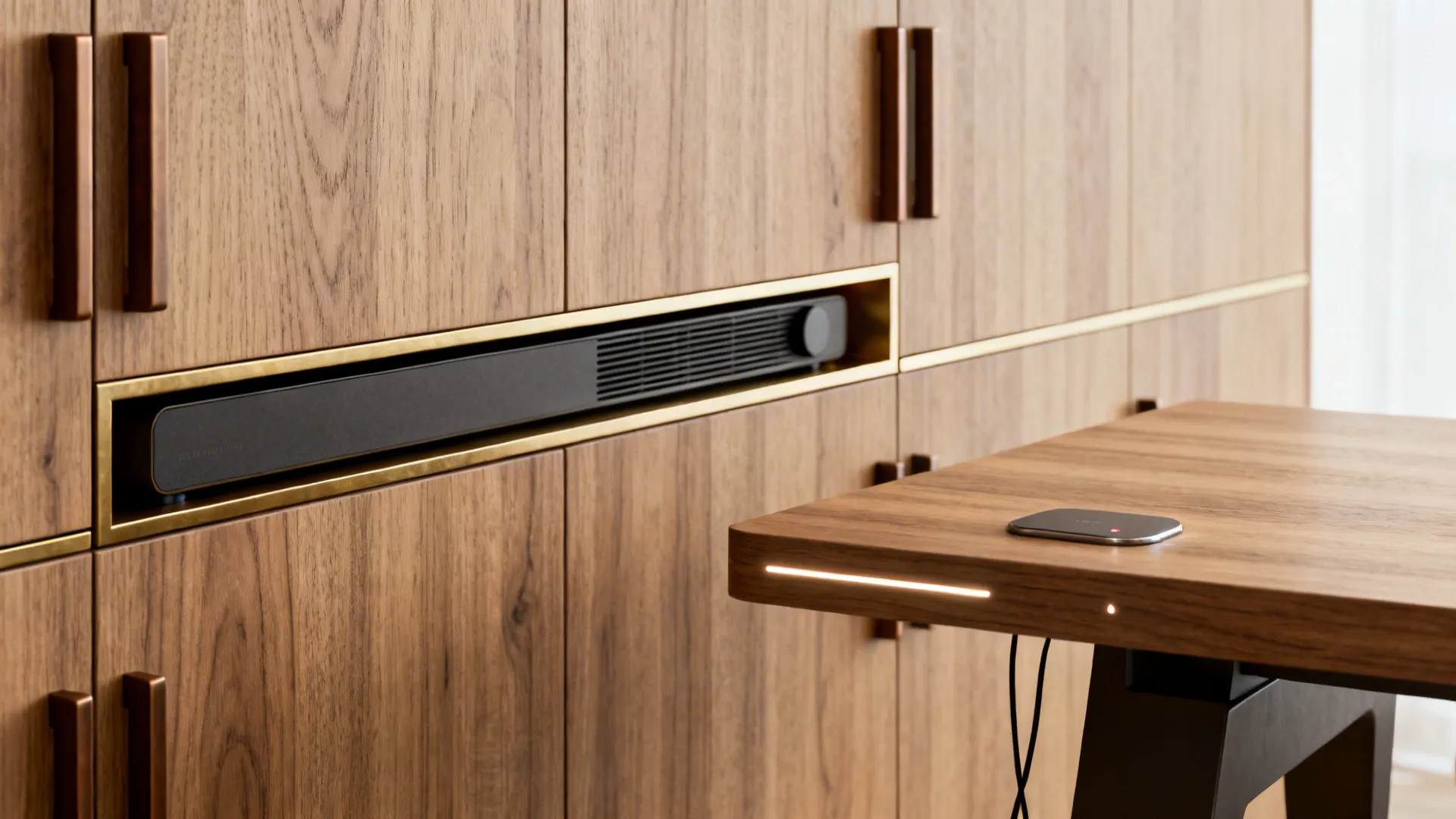 Macro of rift-cut oak, matte bronze hardware, brass trim, and discreet recessed tech for a tailored look.