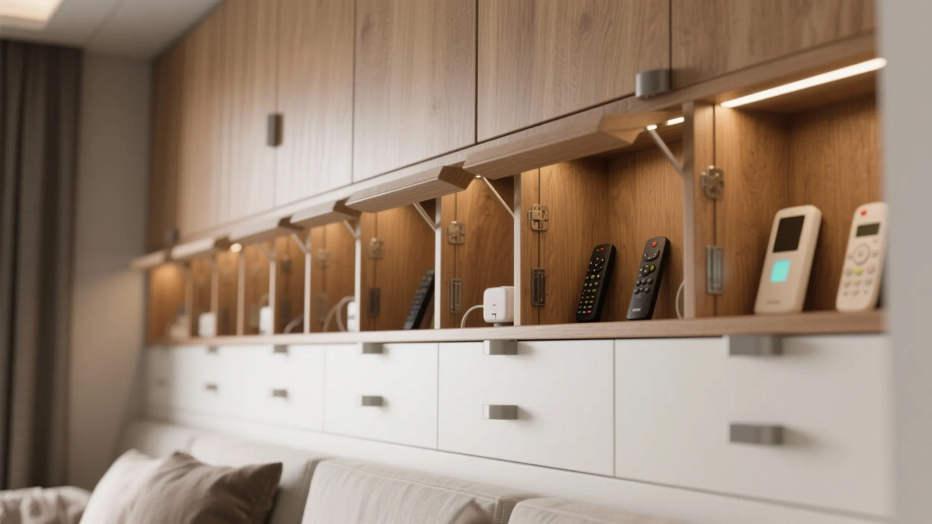 Custom wooden wall cabinet with built in lighting storage compartments and white drawers for remotes