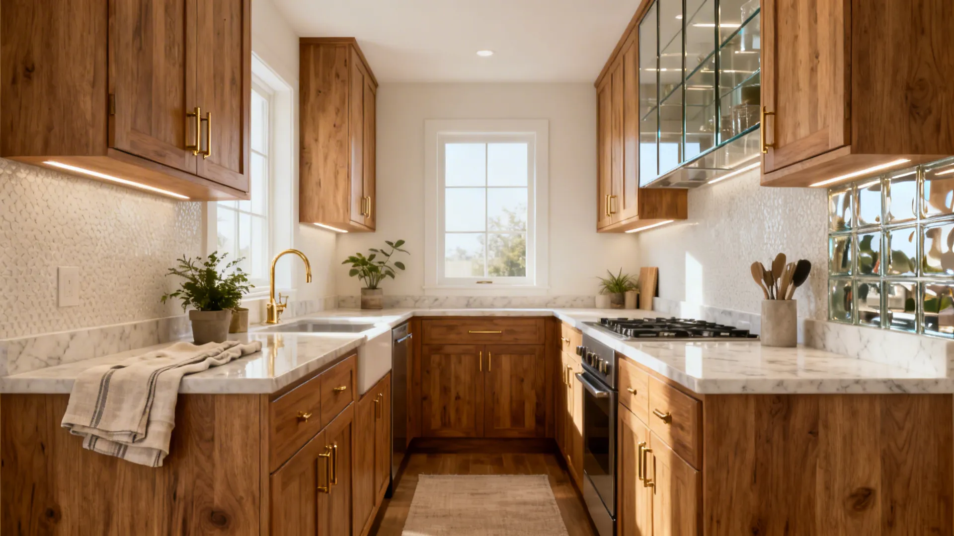 Cozy small kitchen with light wood cabinets, gold handles, marble countertops, and a large window