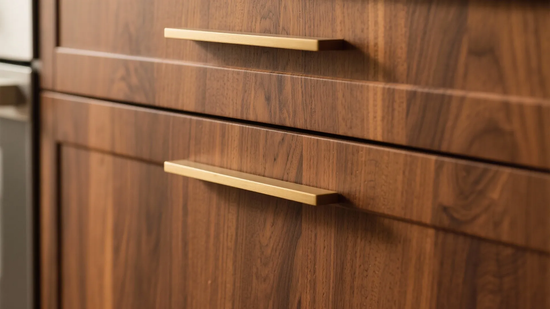 1. Warm wood cabinets with flat-front profiles