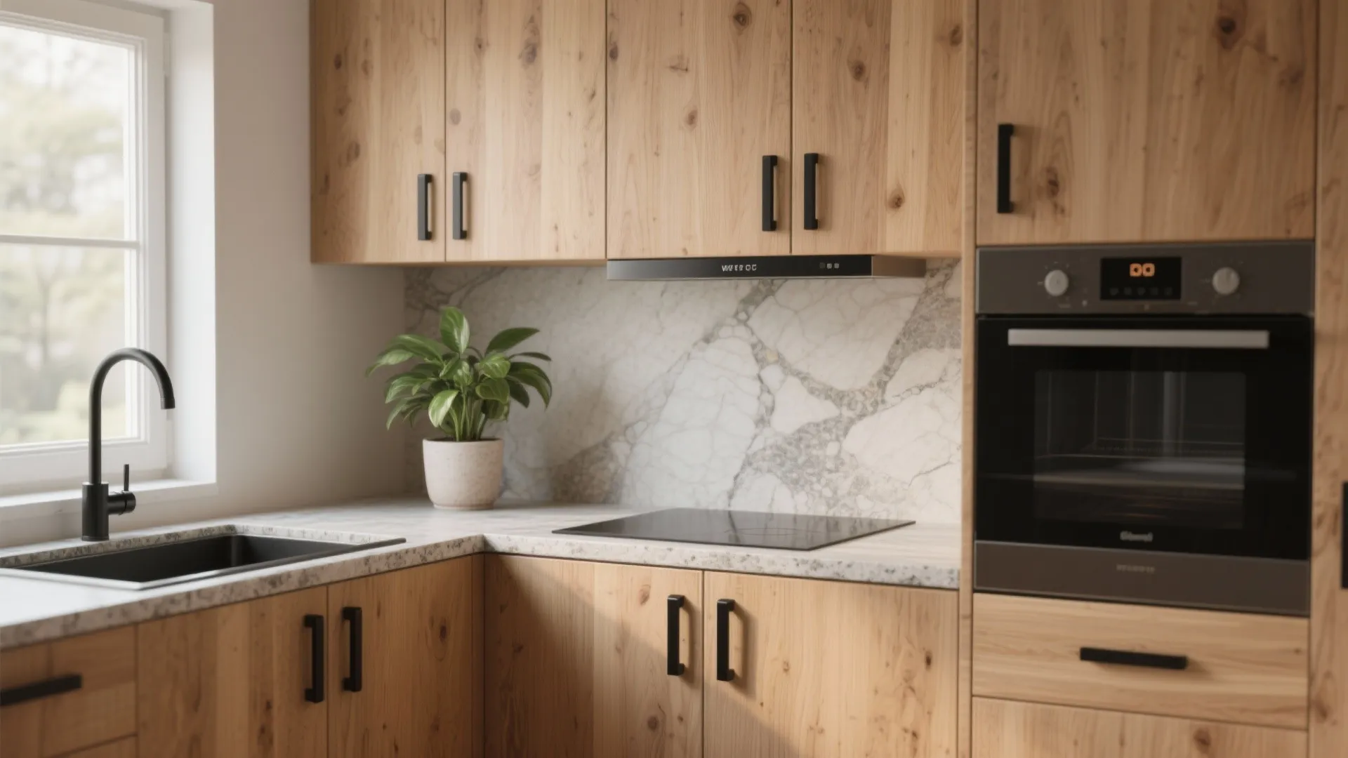 3. Wood Cabinets with Black Handles for Warmth