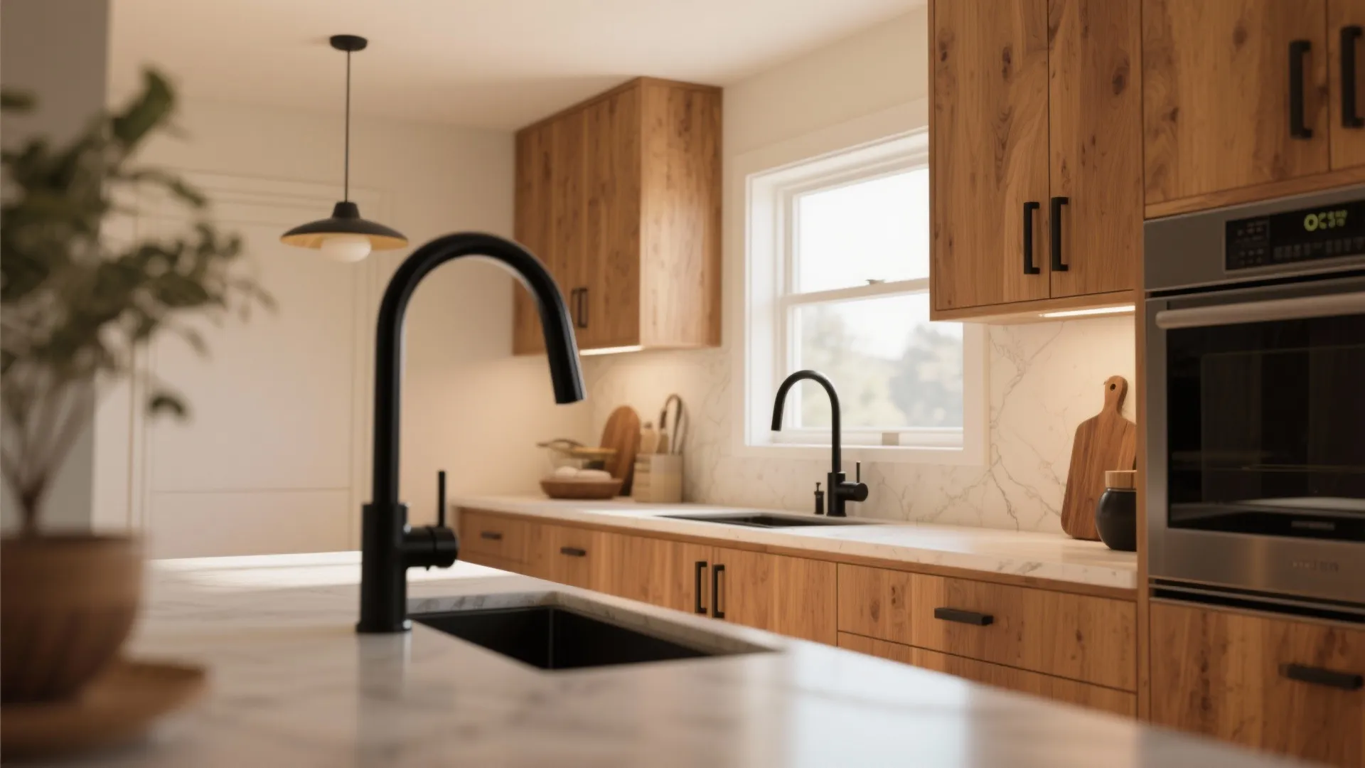 2. Pair with warm wood cabinets for balanced warmth