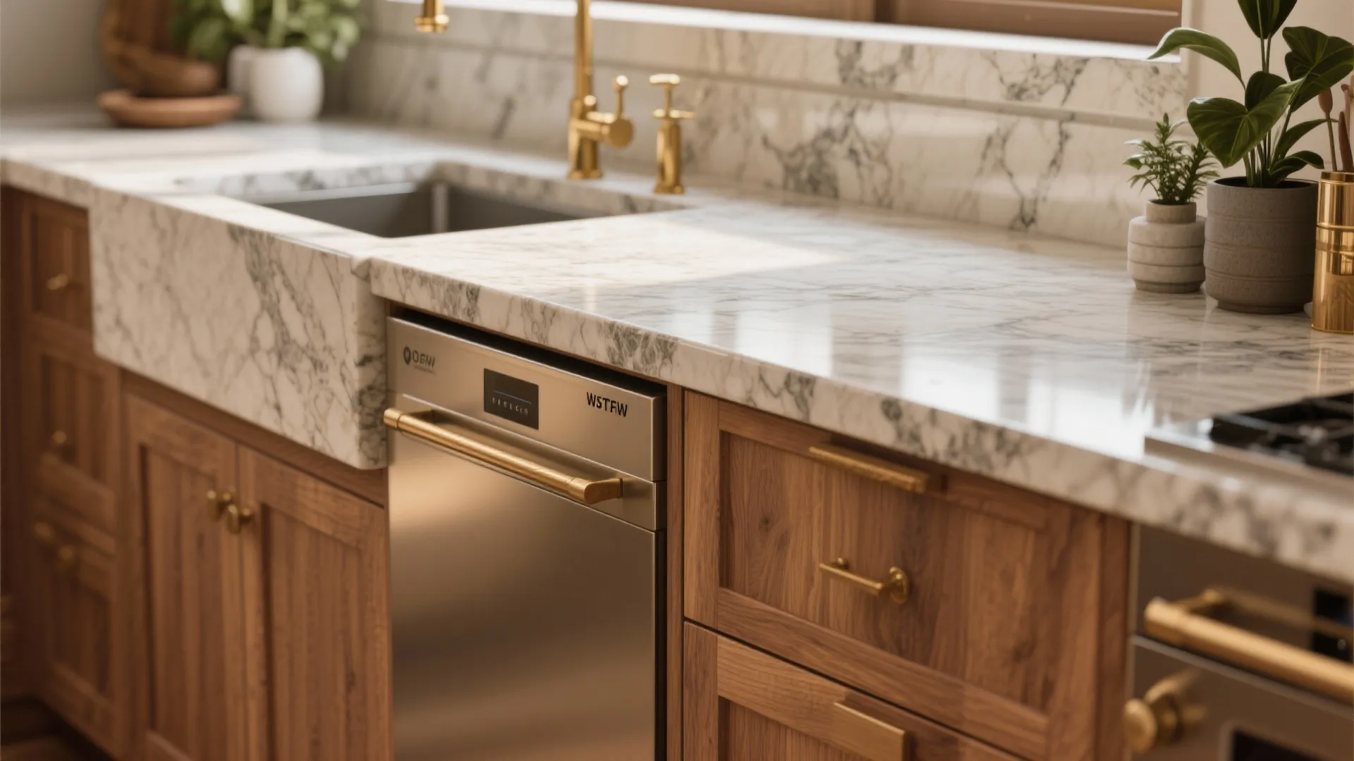 4. Mixed Materials: Warm Wood Cabinets + Polished Granite