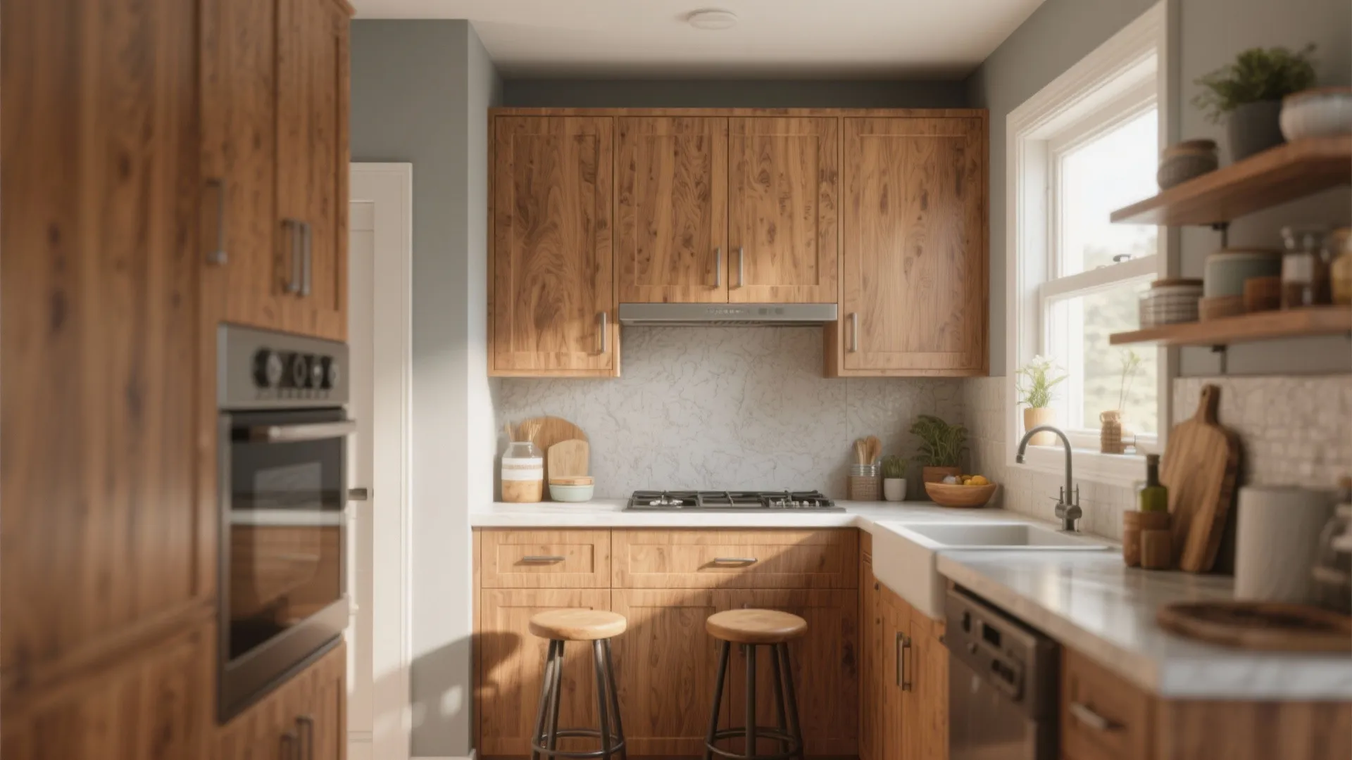 Small kitchen with warm wood cabinets white countertop gas stove two wooden stools and sunny window