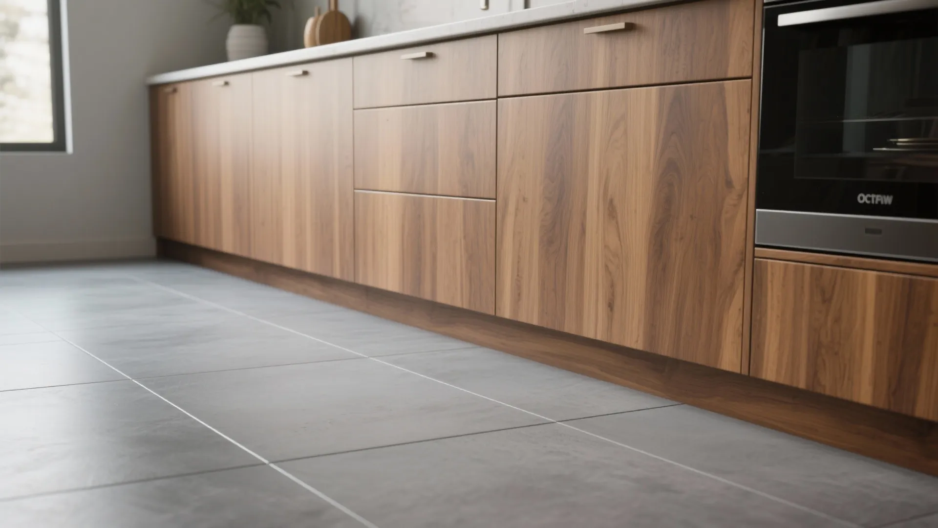 1. Warm wood cabinets + cool grey porcelain tiles