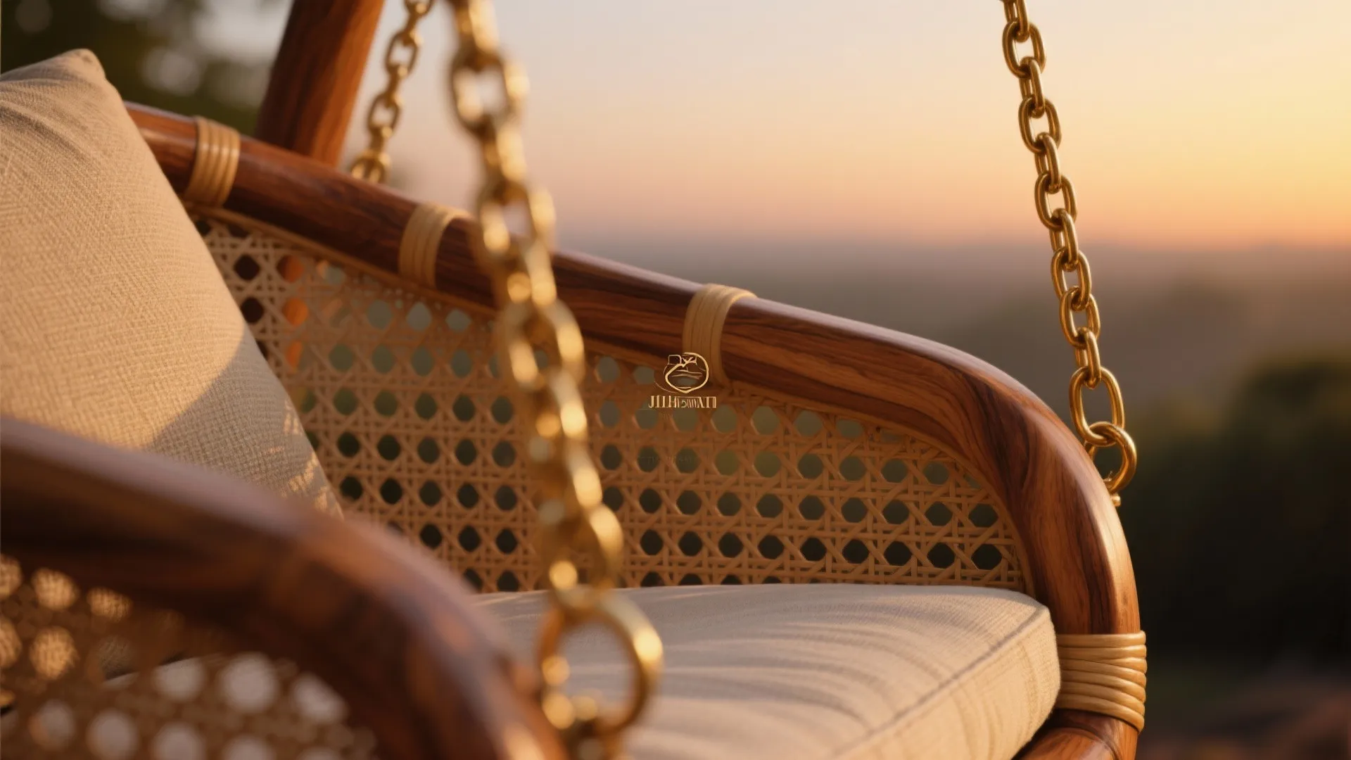 Close up of a wooden swing chair with woven back and gold chains at sunset