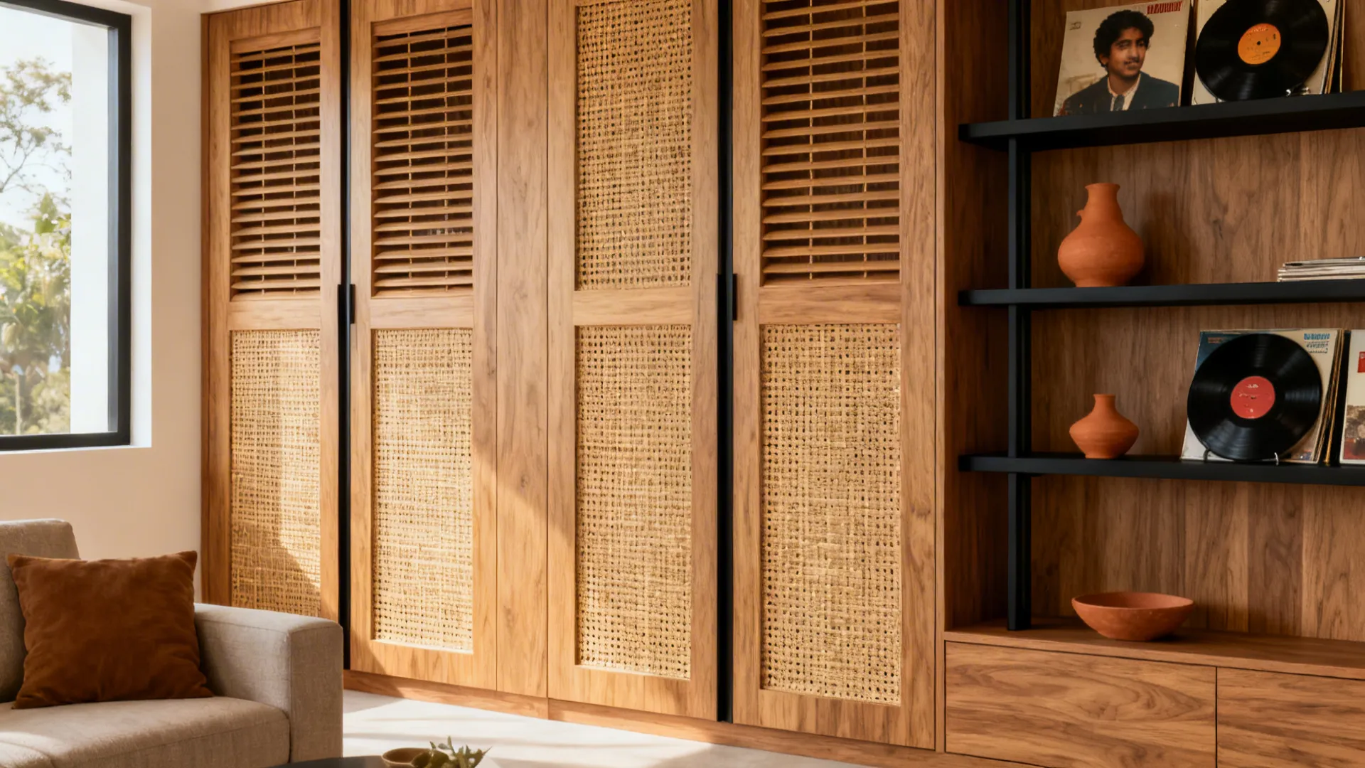 Oak veneer showcase with cane panels and matte-black frames displaying records and decor.