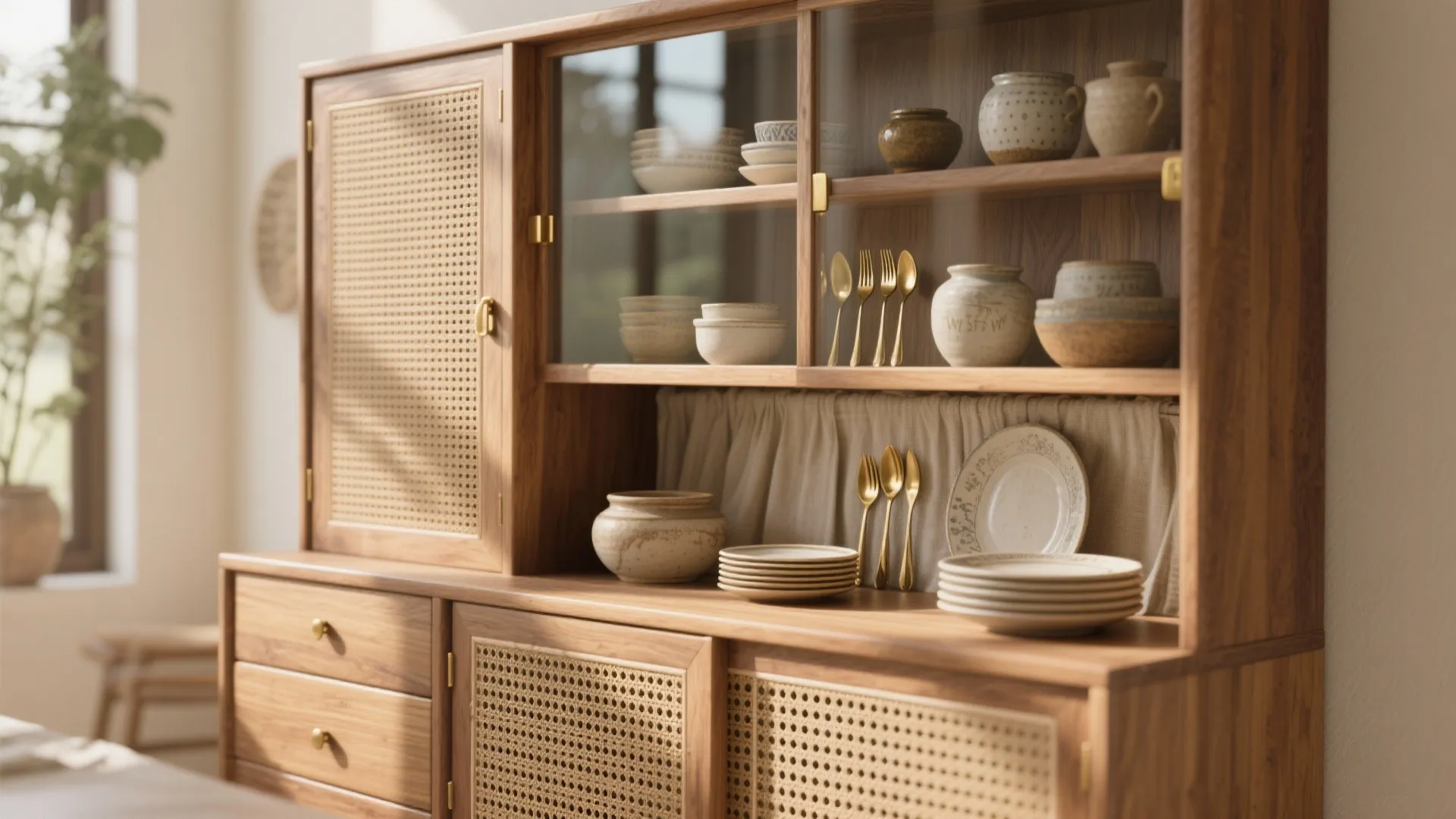 Warm Wood and Cane Accents for Airy Storage