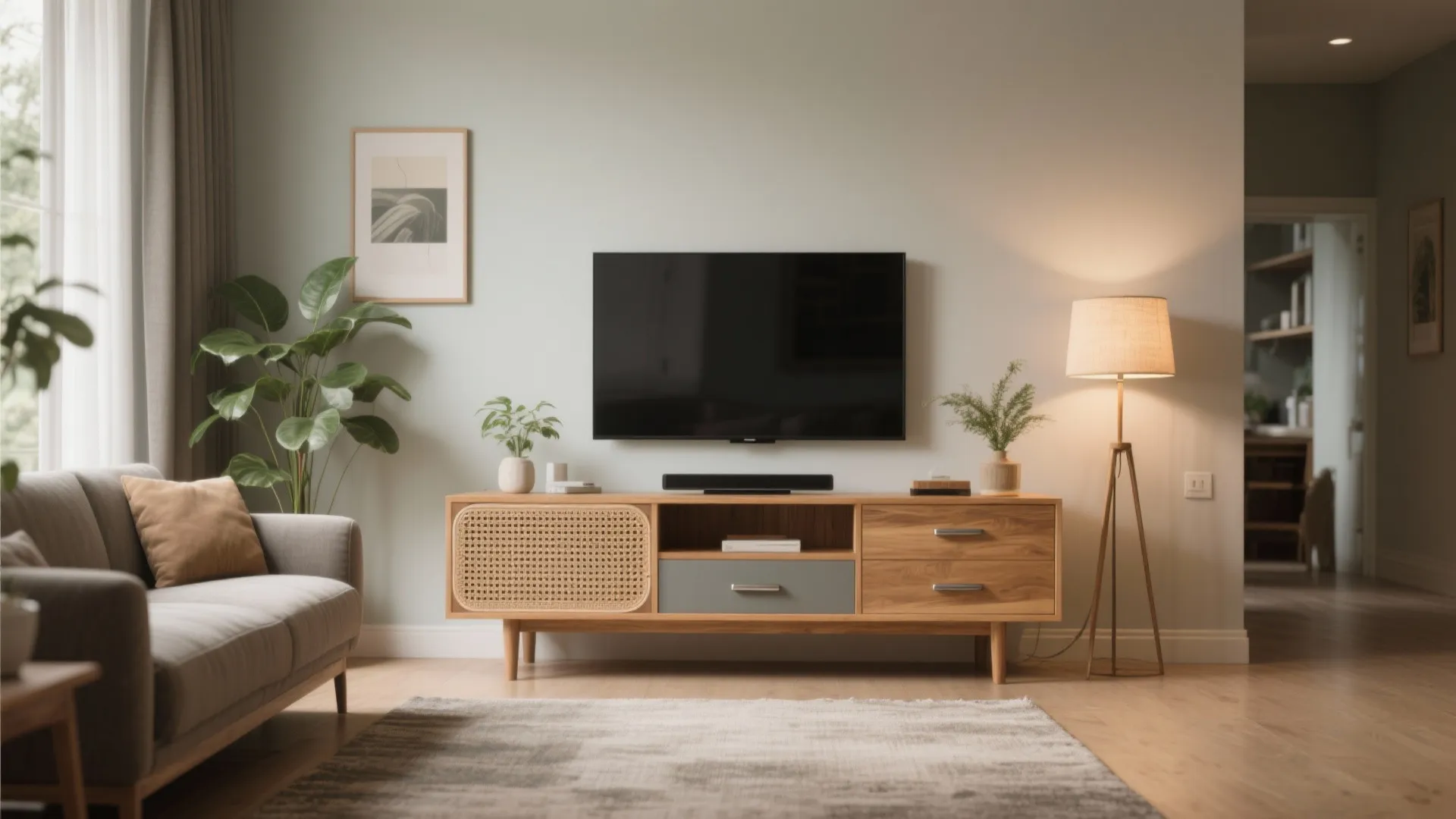 Warm wood and cane accents for urban coziness