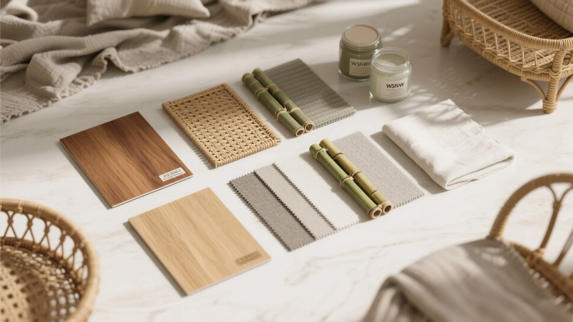 Interior design material board with wood samples fabric swatches bamboo sticks and small scented candles on