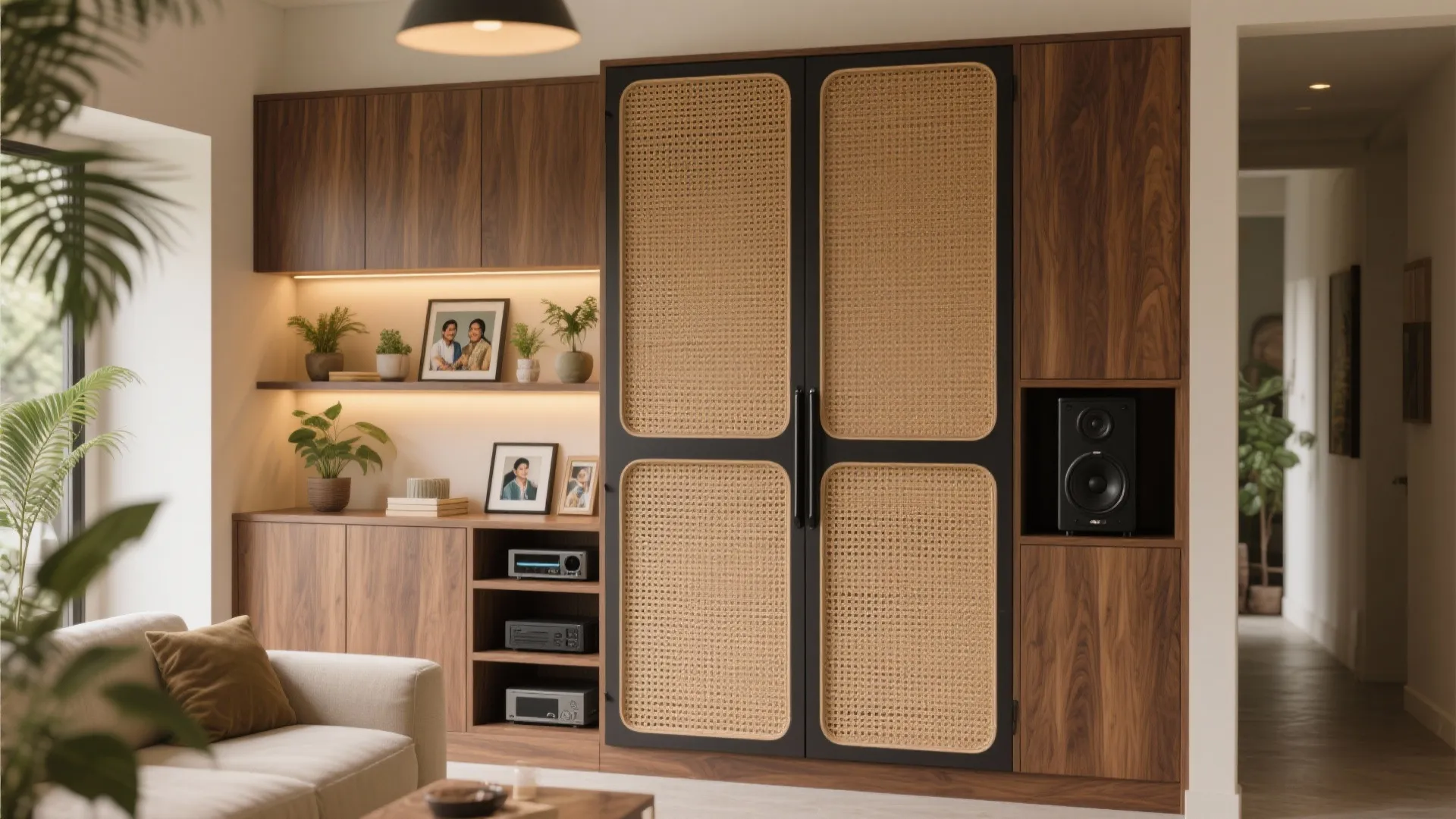 Living room with wood cabinet featuring woven doors next to shelves with plants and photos
