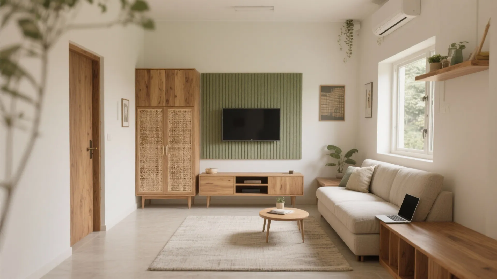 Warm wood accents (and cane) for a cozy, low-clutter living room