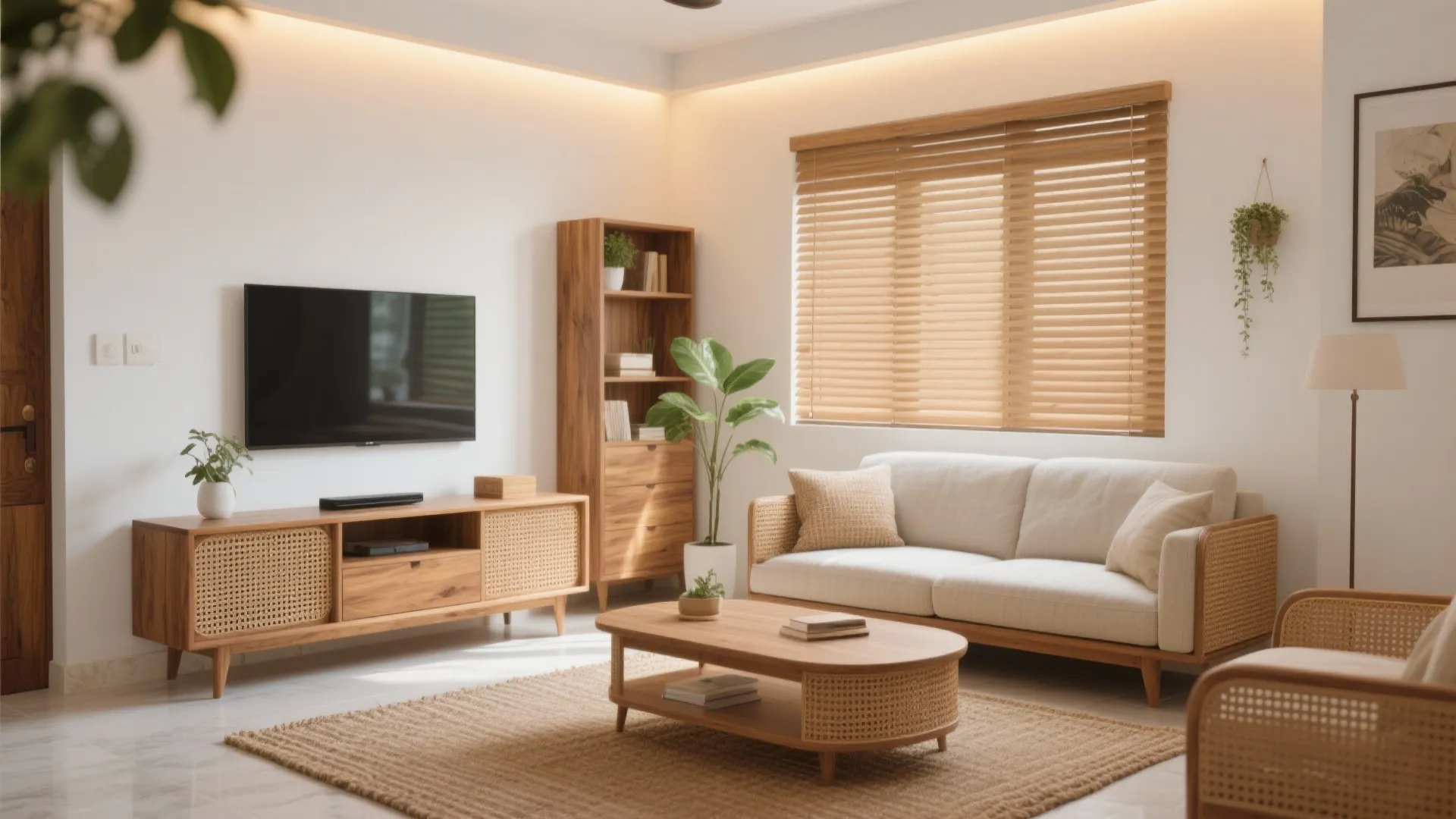 Warm wood and cane accents