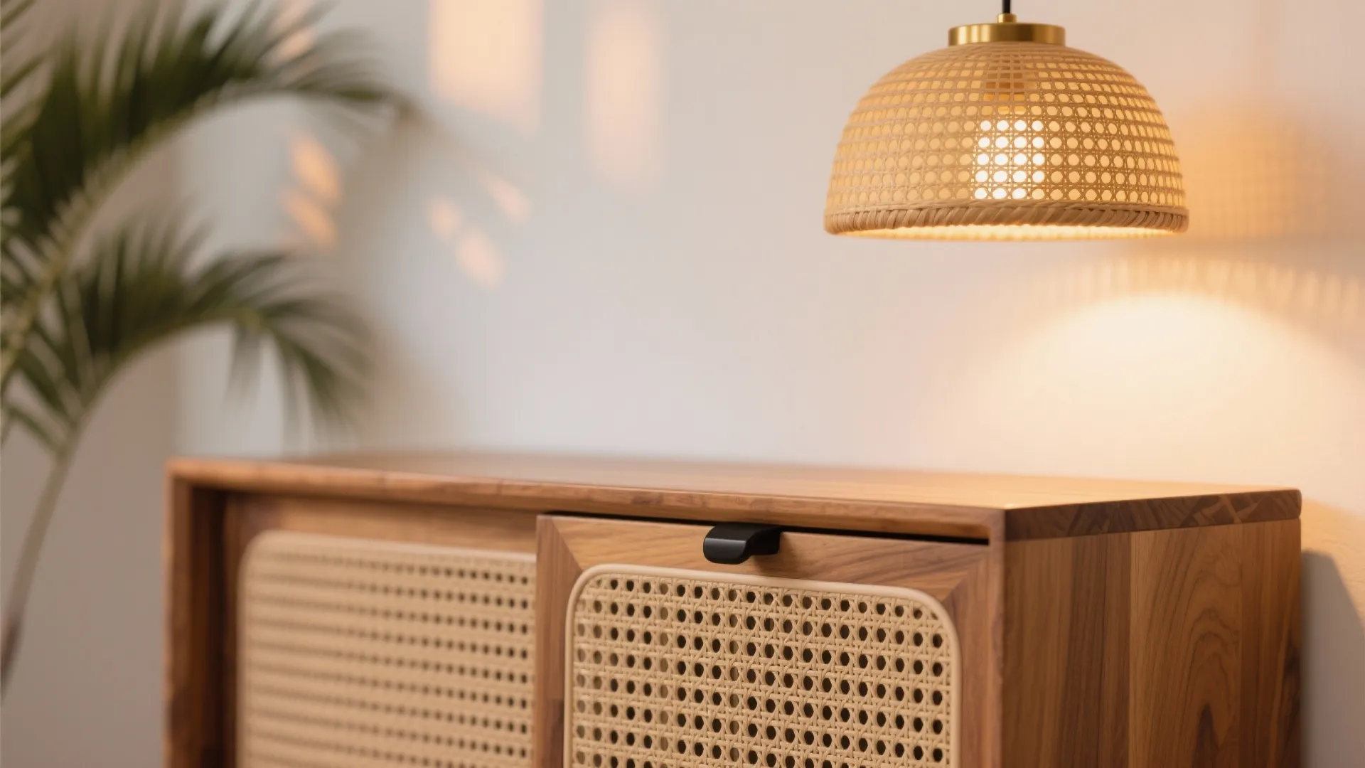 Warm wood and cane elements for calm, tropical comfort