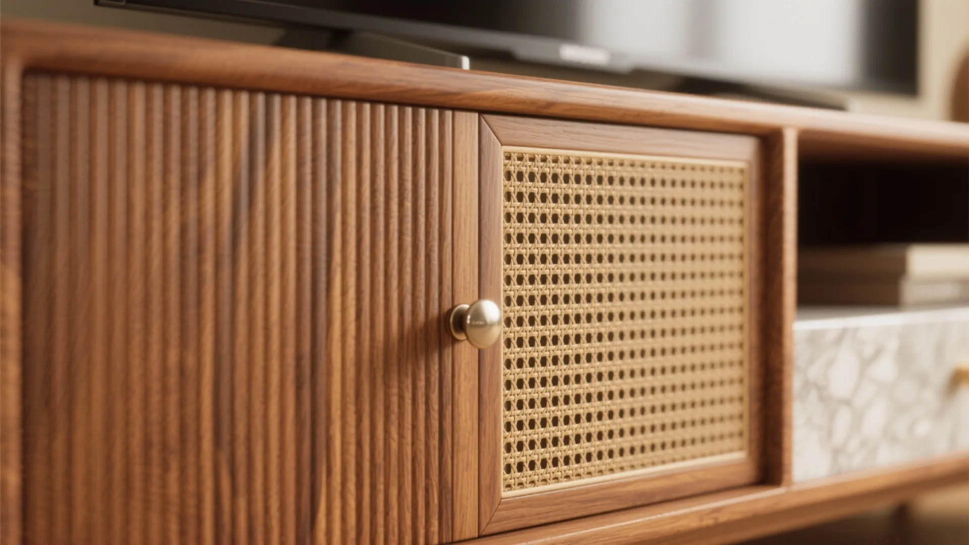 Warm wood and cane accents for a grounded feel