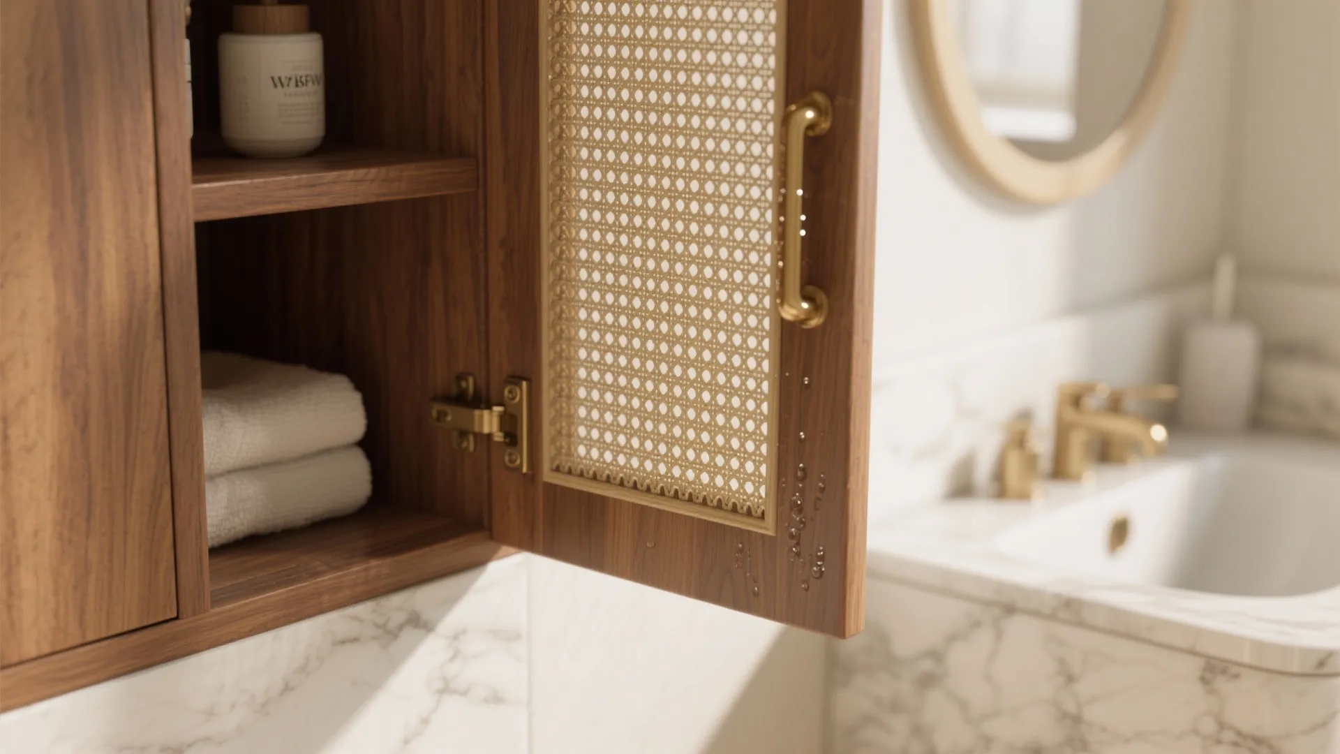 Close up of wooden bathroom cabinet with woven door gold handle towels and marble sink