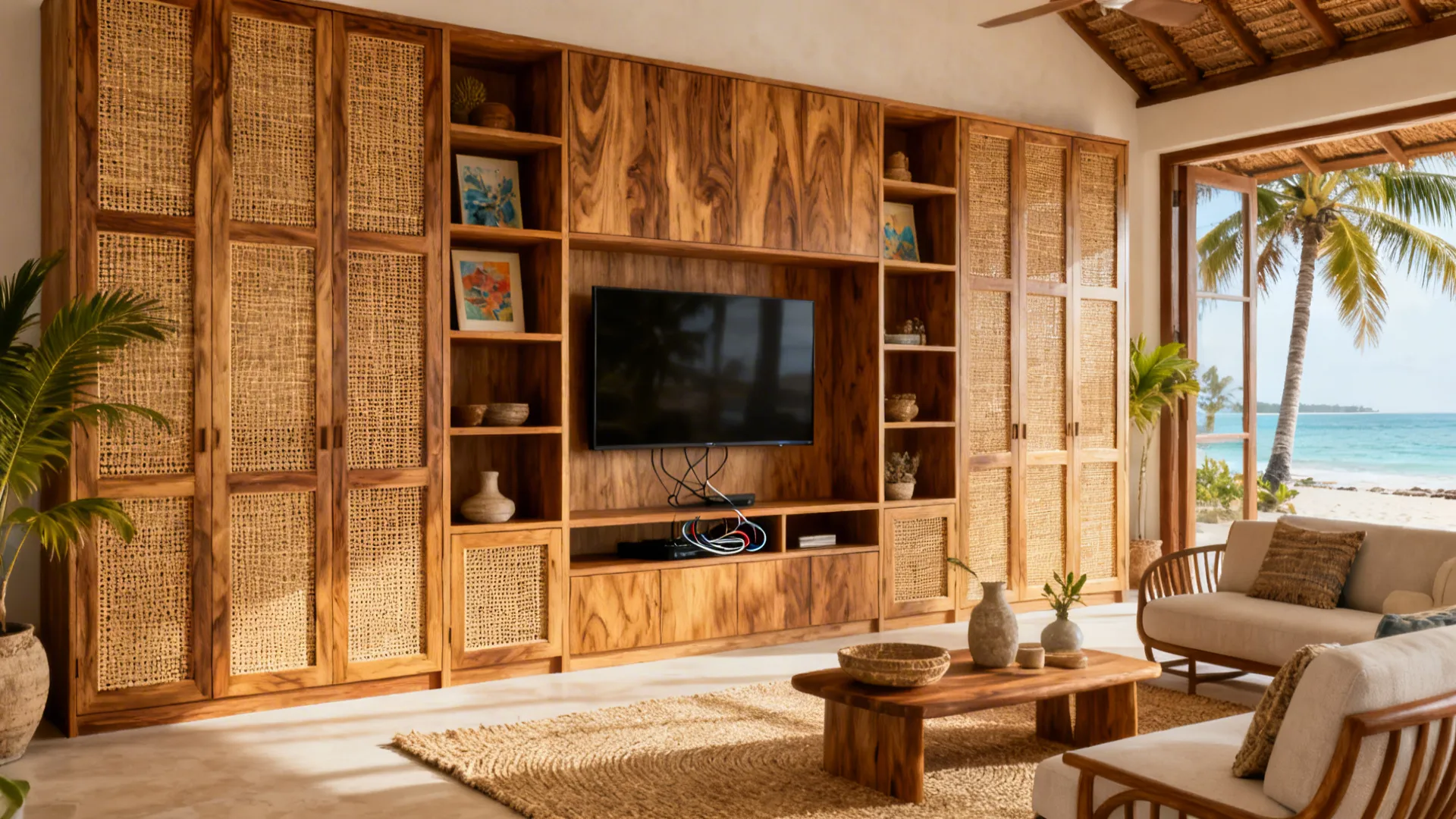 Oak veneer media wall with rattan cane doors and a centered TV in a coastal Kenyan living room.