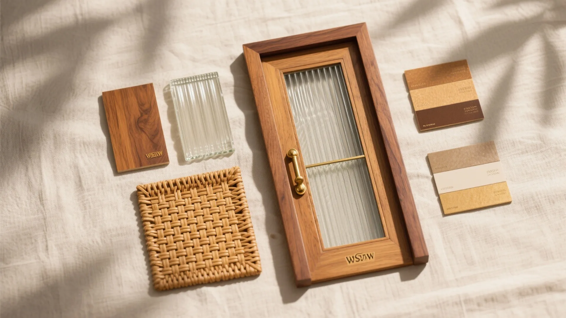 Wooden cabinet door with glass panel alongside texture samples and woven mat on beige fabric