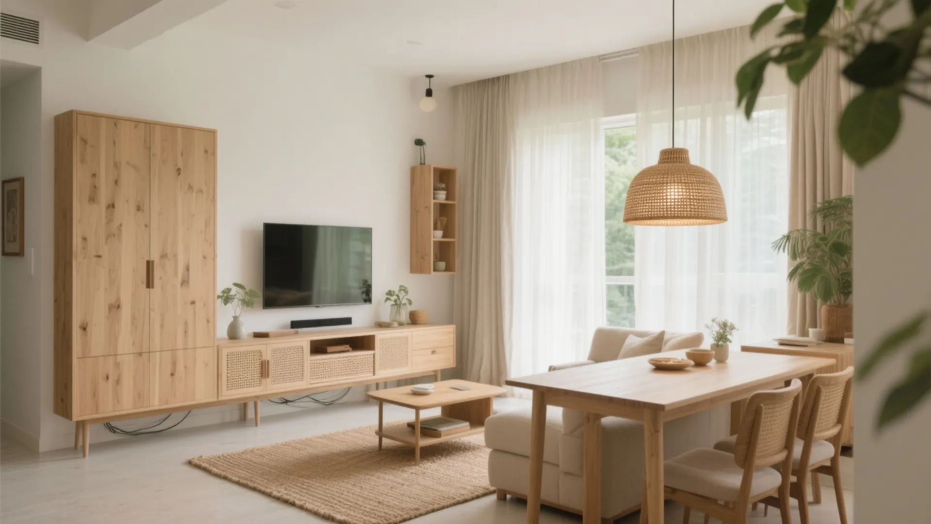 Warm wood and cane accents (without heaviness)