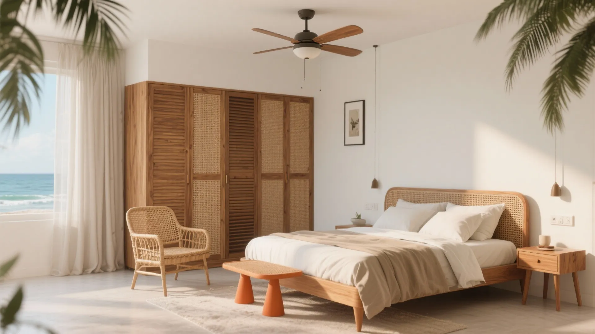 Warm wood and cane for a tropical-modern vibe