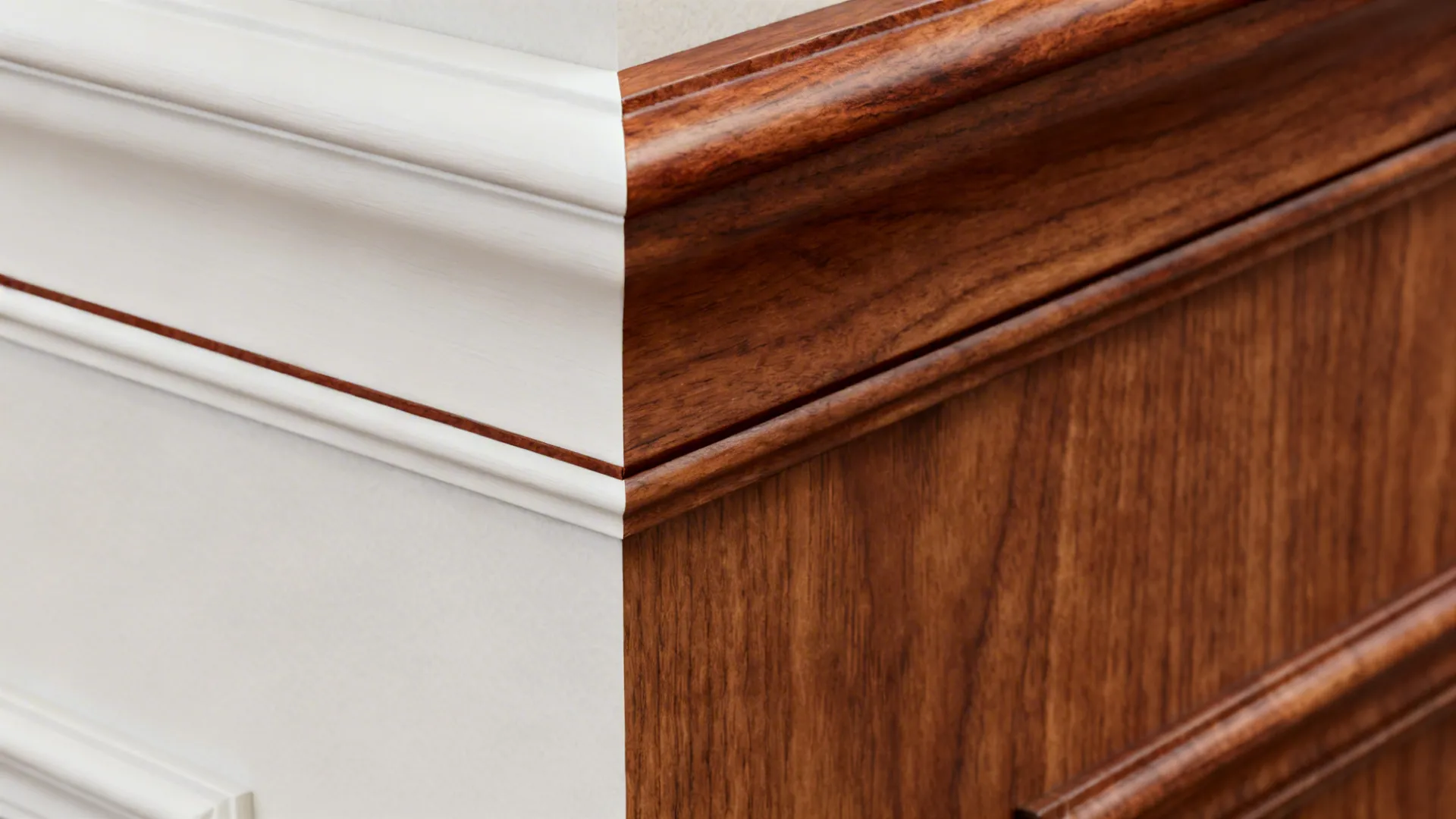 Mixed-material crown molding with painted trim and a thin walnut cap accent for warmth.