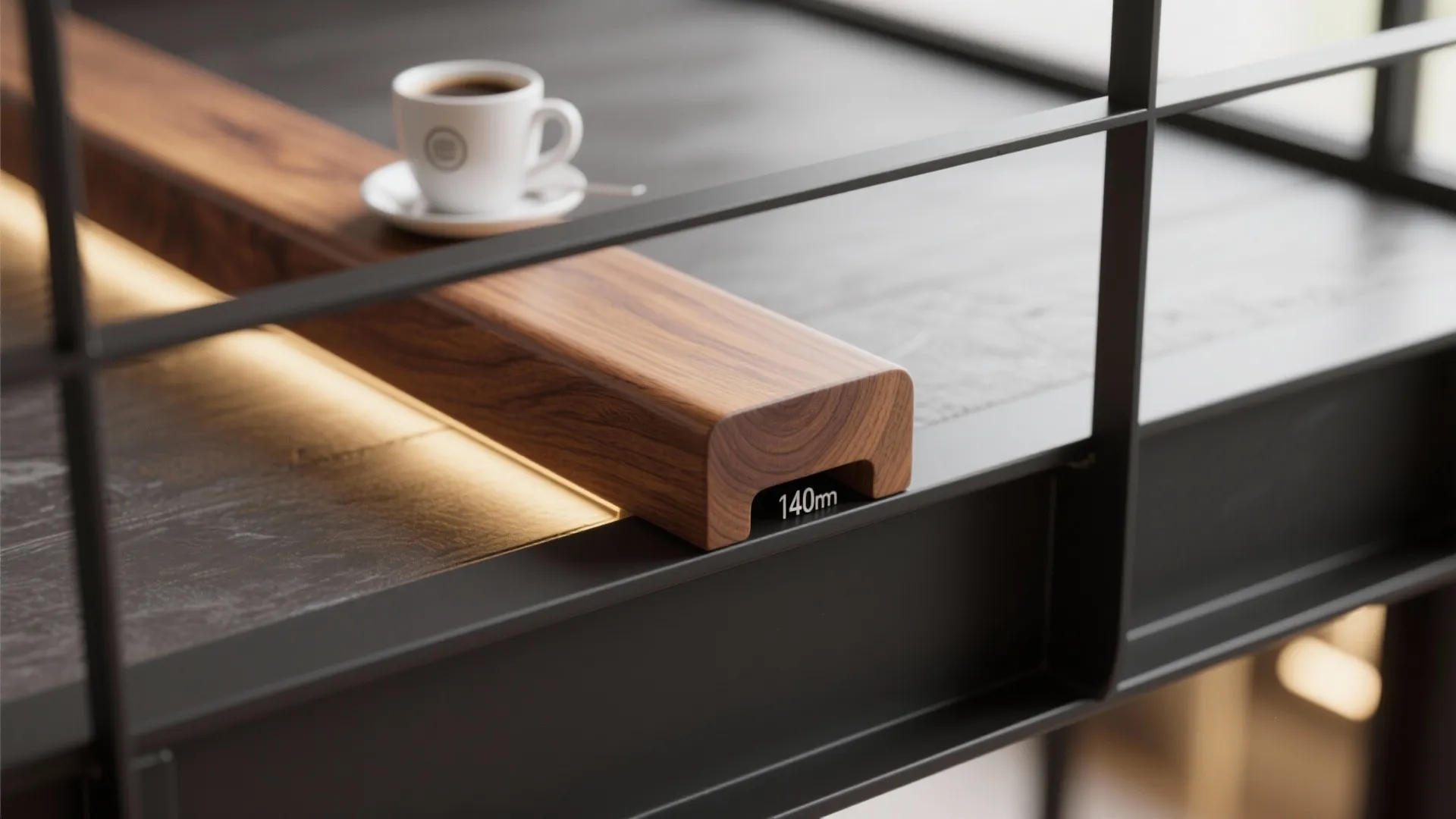 Wooden ledge detail with a white coffee cup on a black metal balcony railing frame